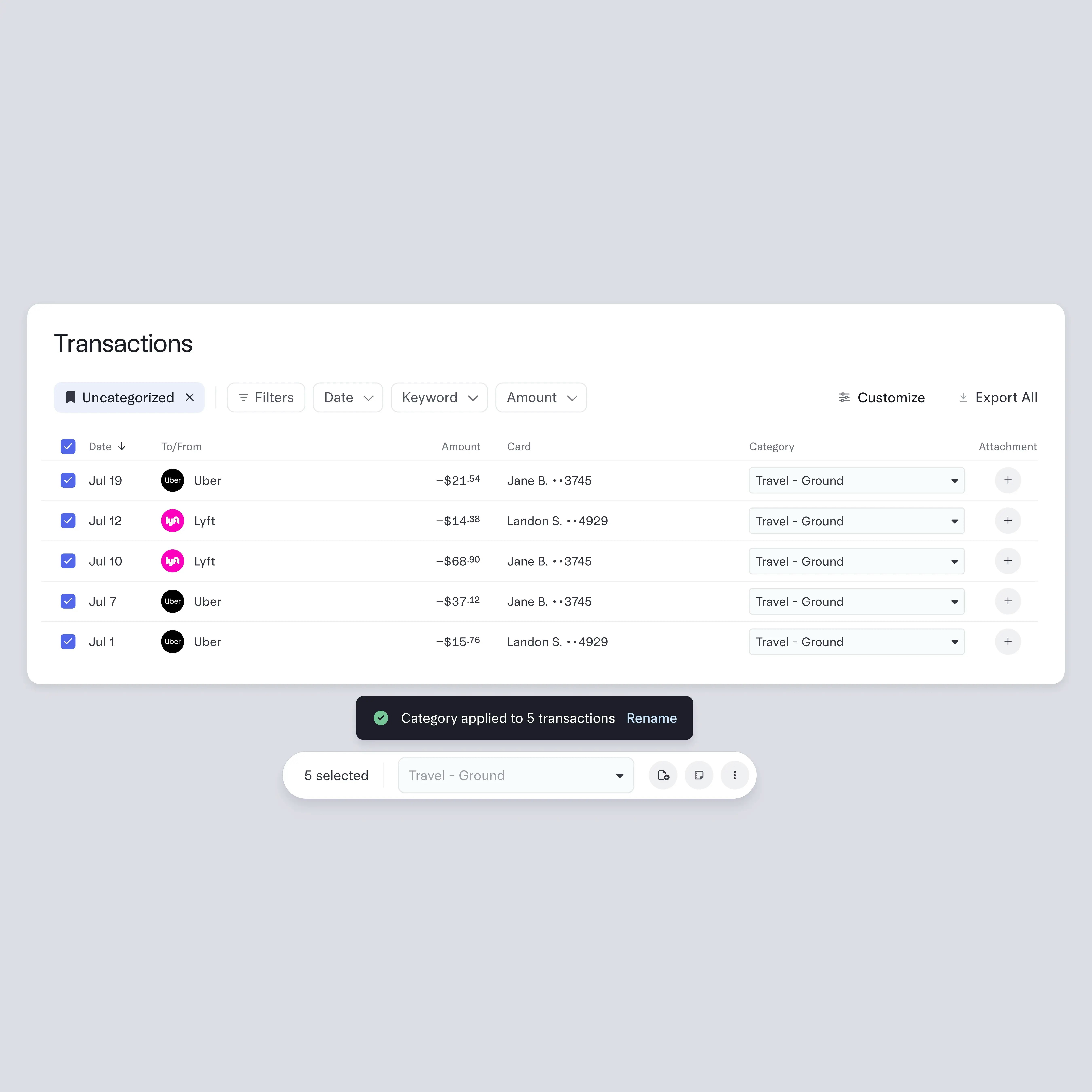 The Transactions page inside the Mercury dashboard.