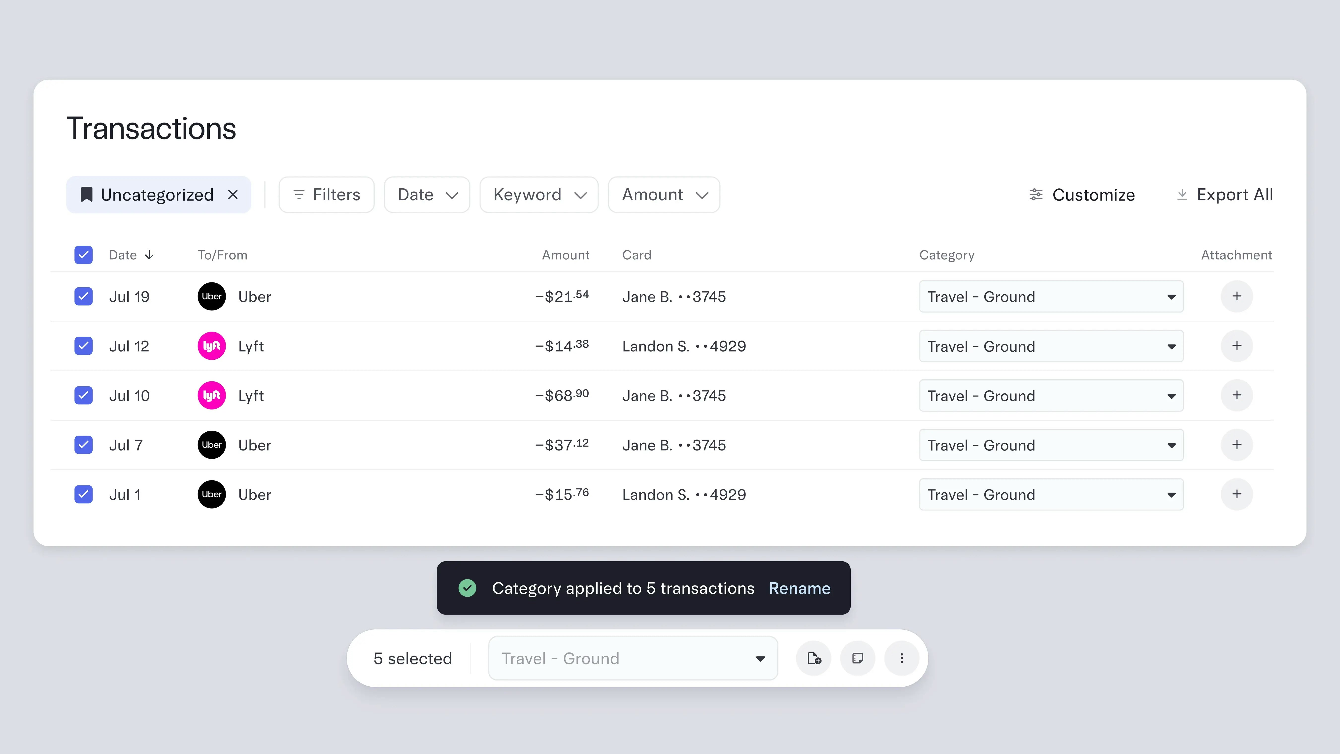The Transactions page inside the Mercury dashboard.