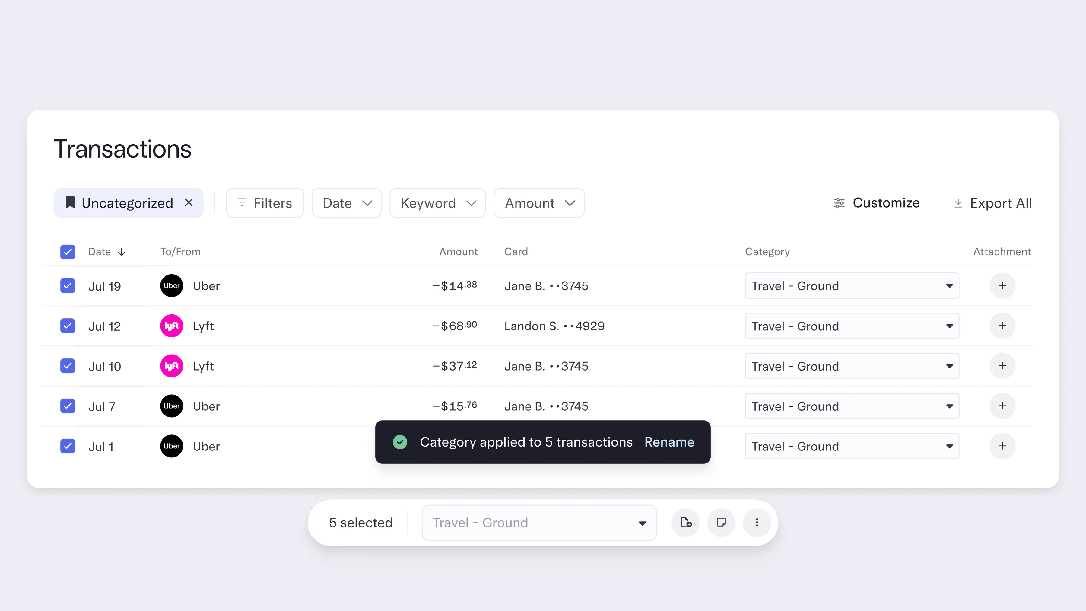 The Transactions page inside the Mercury dashboard.