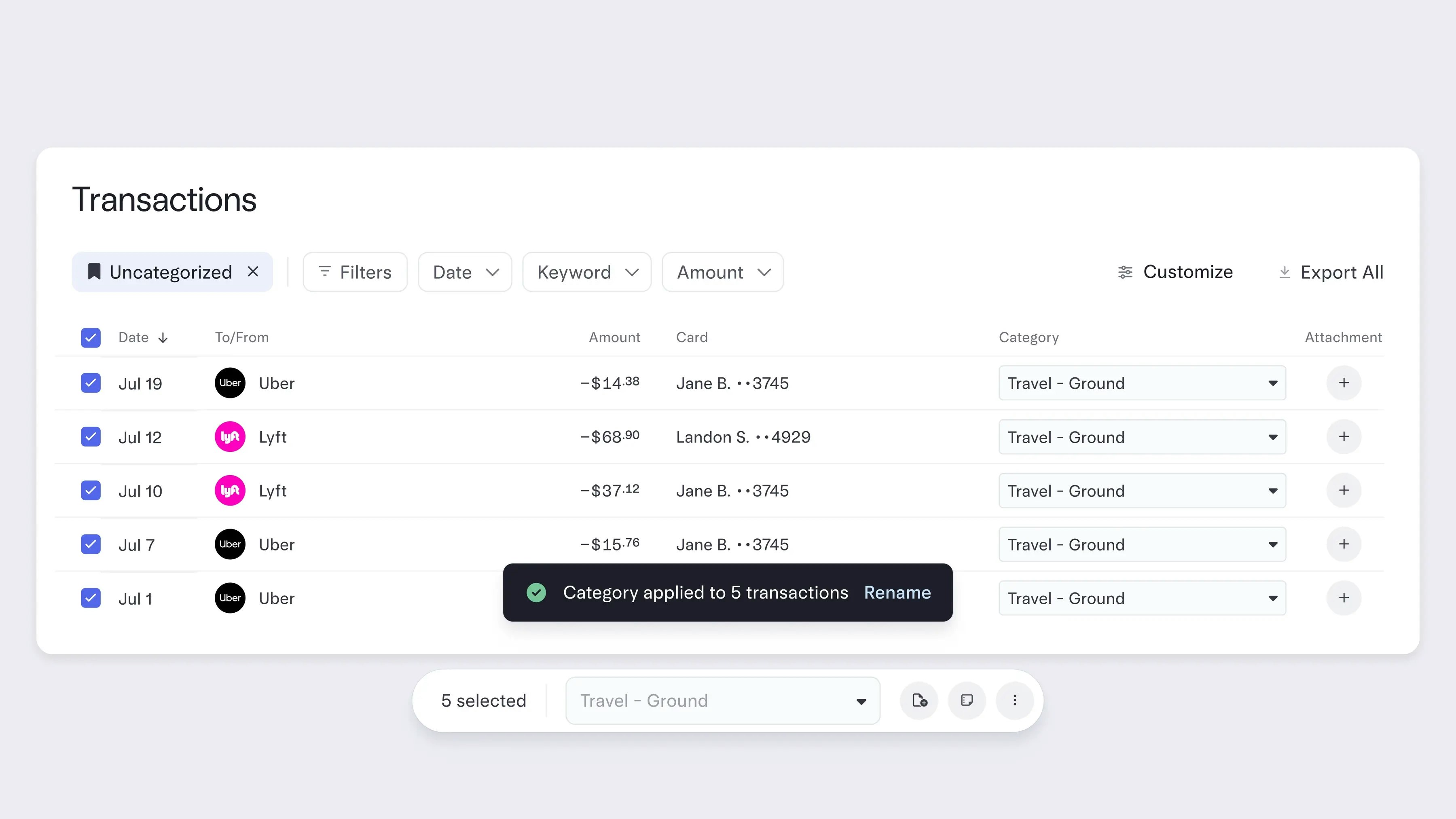 The Transactions page inside the Mercury dashboard.