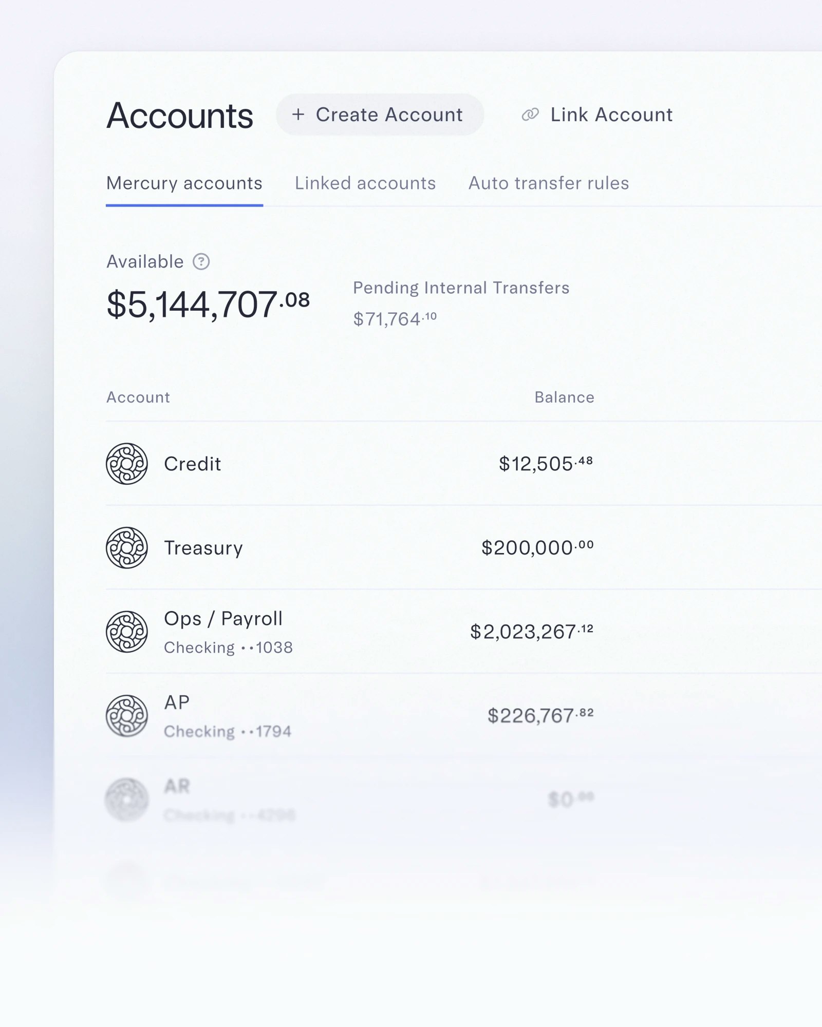 Accounts dashboard UI