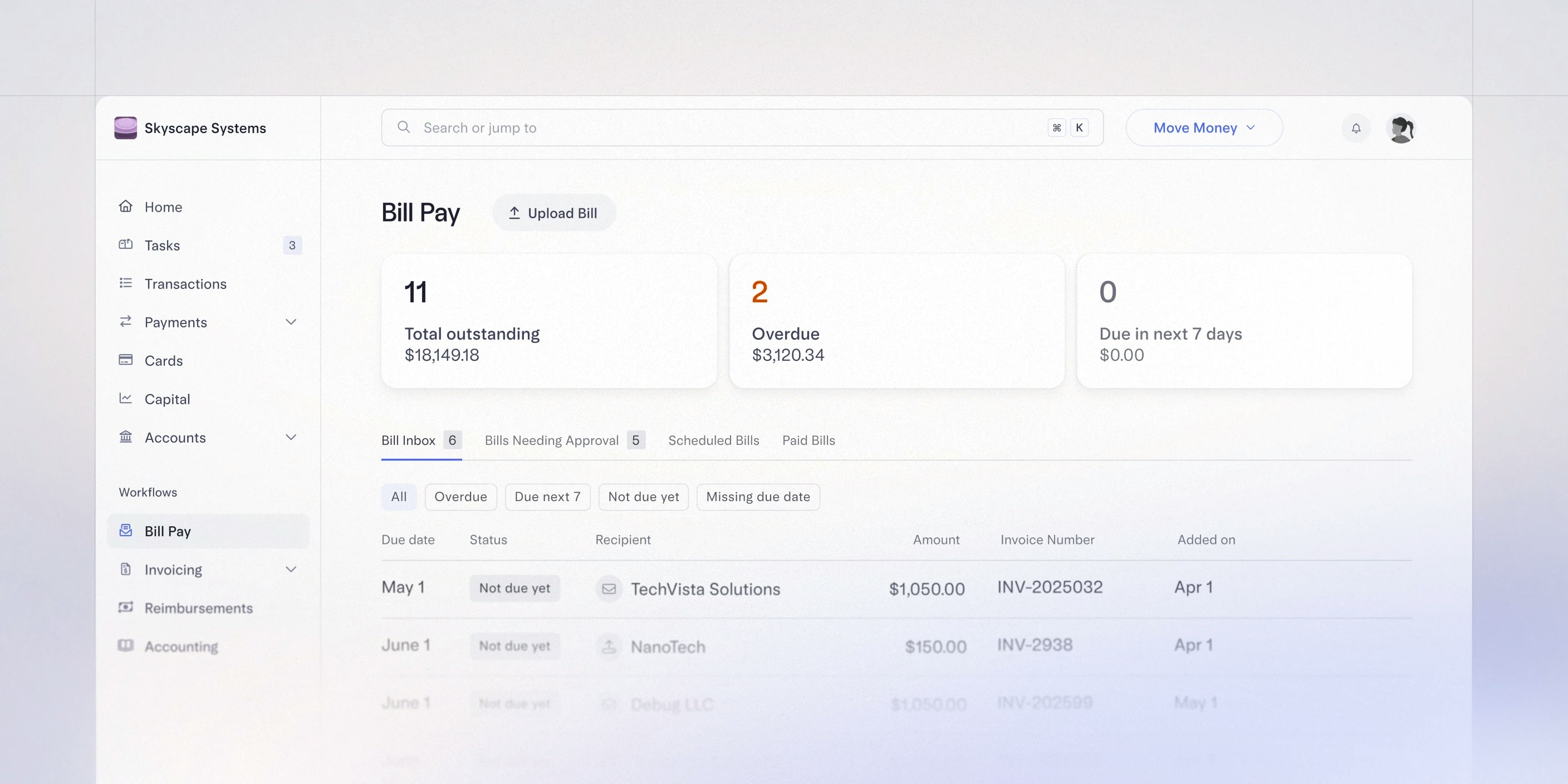 Mercury Bill Pay dashboard Image of the Bill Pay dashboard