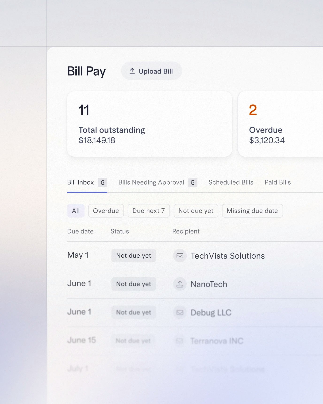 Image of the Bill Pay dashboard