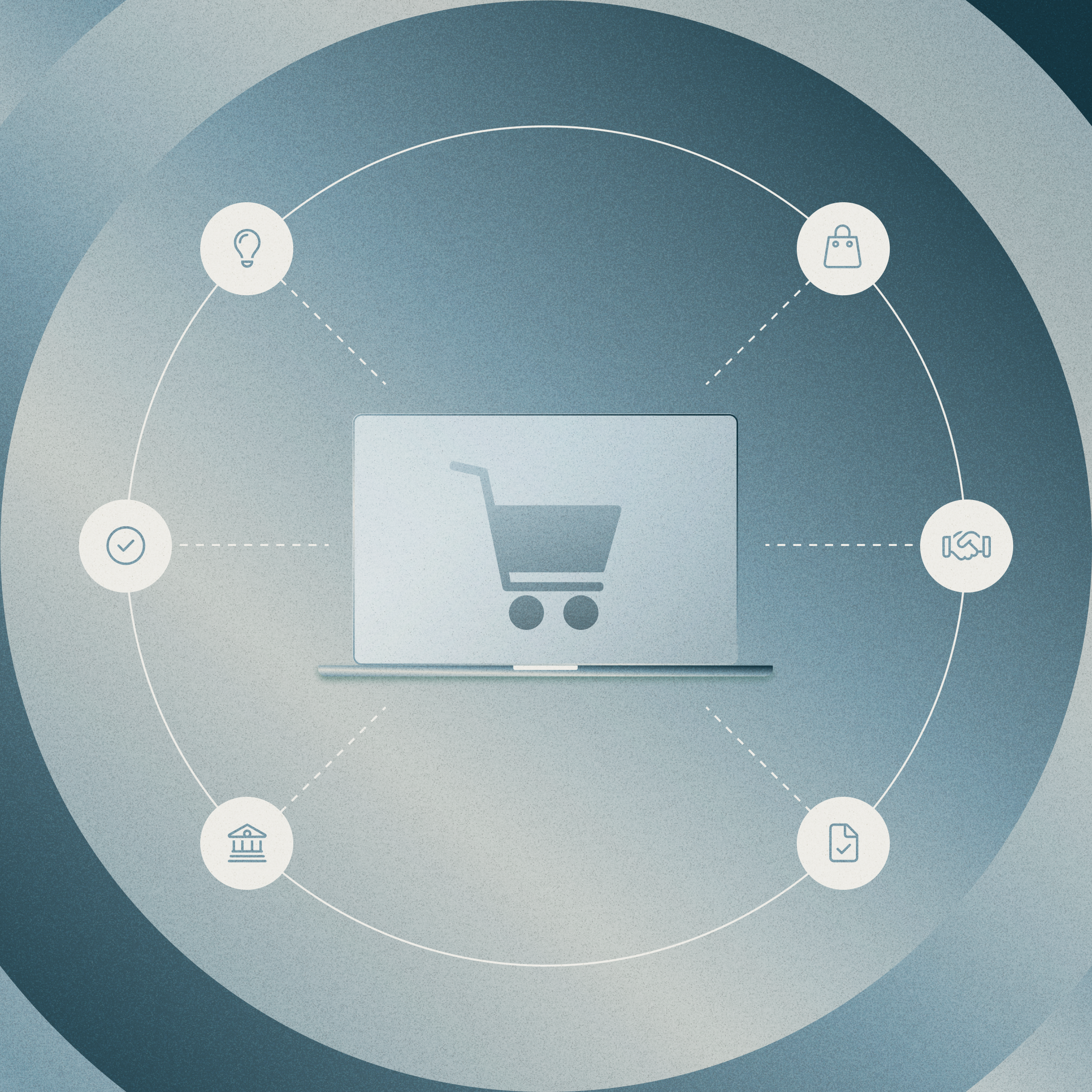 Graphic of shopping cart as hub connecting other icons (light bulb, shopping bag, handshake, checklist, bank, and check mark)