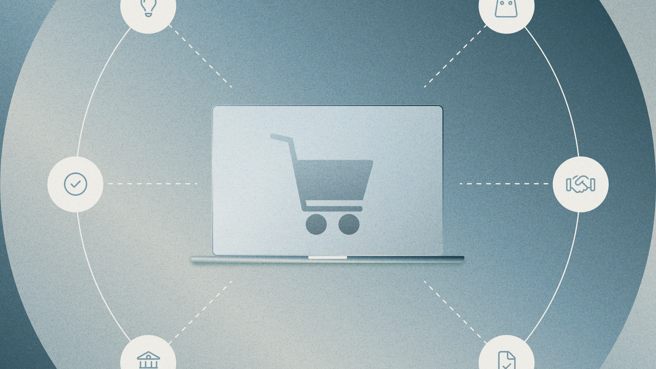 Graphic of shopping cart as hub connecting other icons (light bulb, shopping bag, handshake, checklist, bank, and check mark)