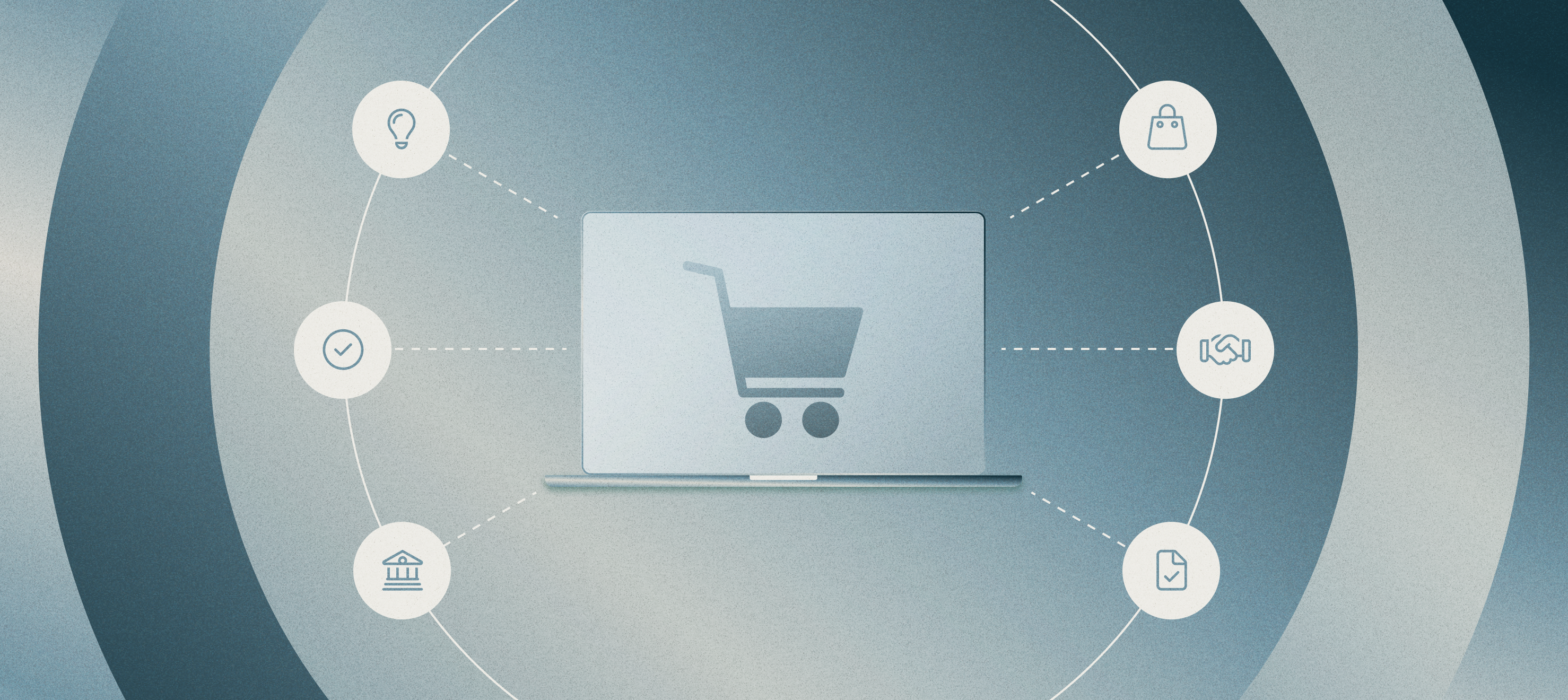 Graphic of shopping cart as hub connecting other icons (light bulb, shopping bag, handshake, checklist, bank, and check mark)
