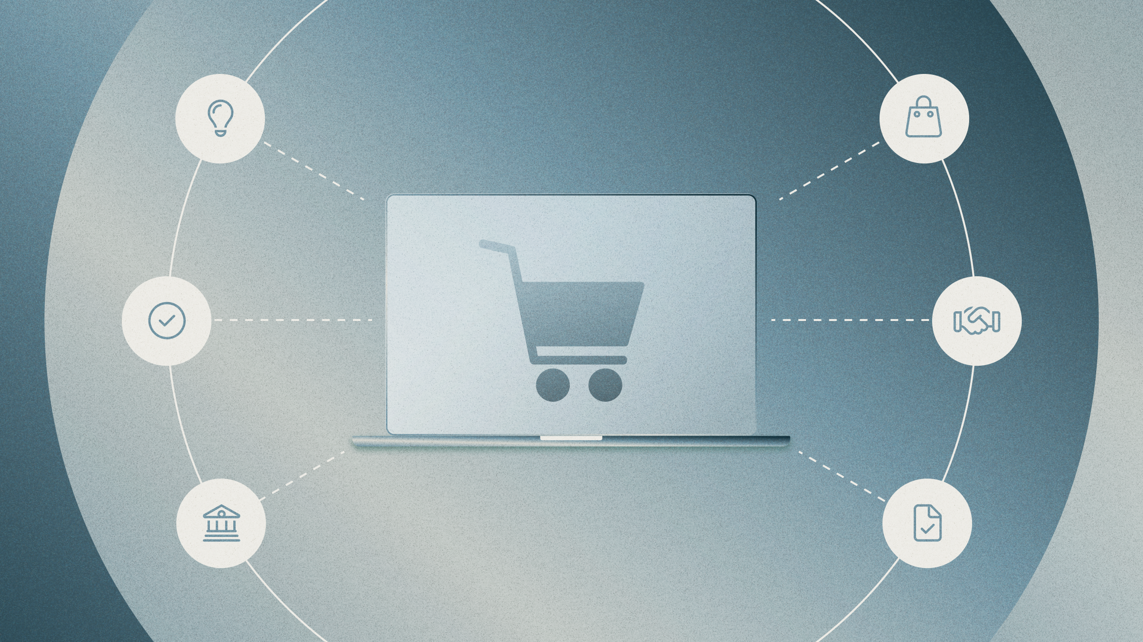 Graphic of shopping cart as hub connecting other icons (light bulb, shopping bag, handshake, checklist, bank, and check mark)