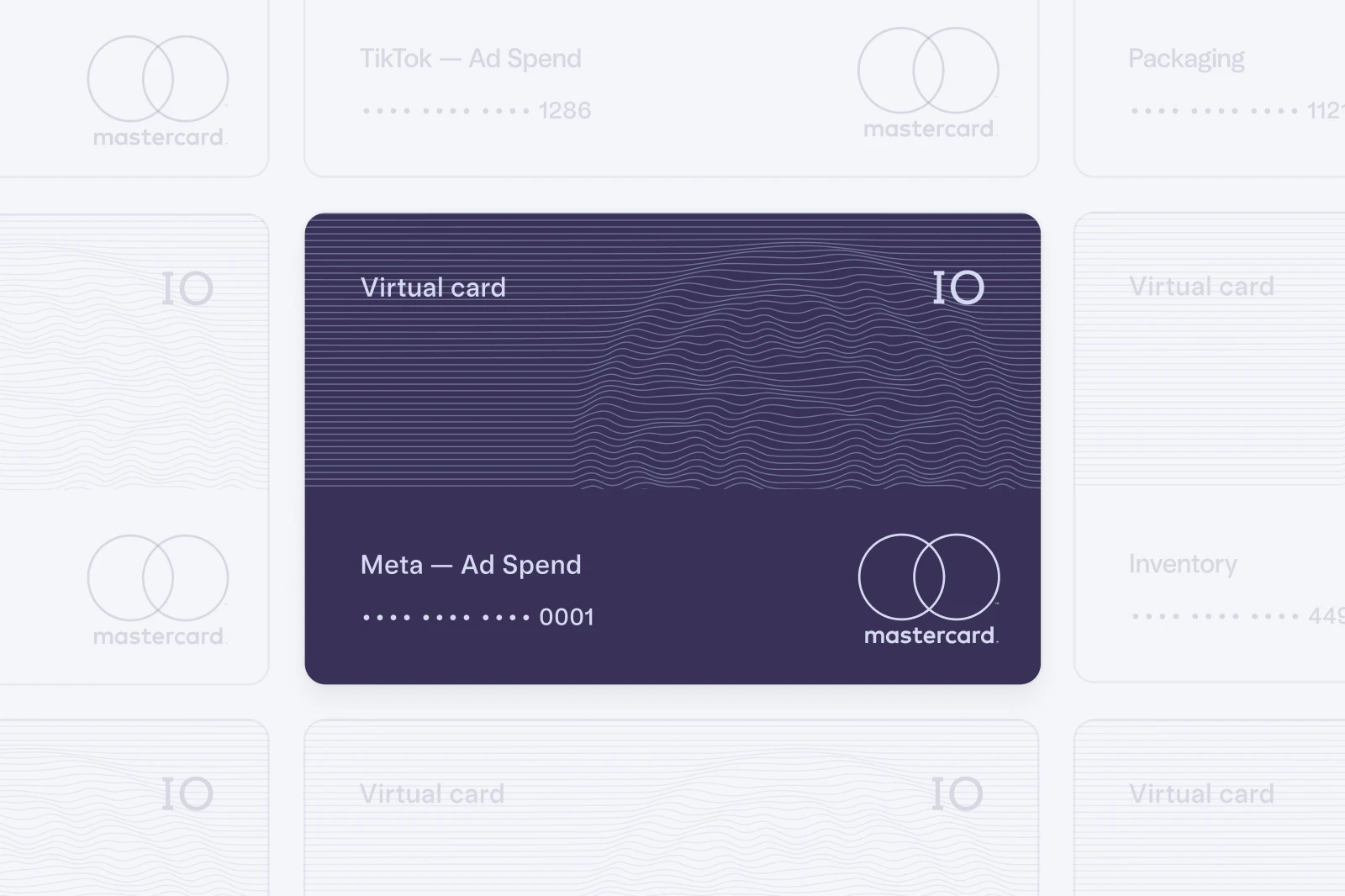 Virtual cards showing assorted card nicknames: ad spend, inventory, packaging, etc.
