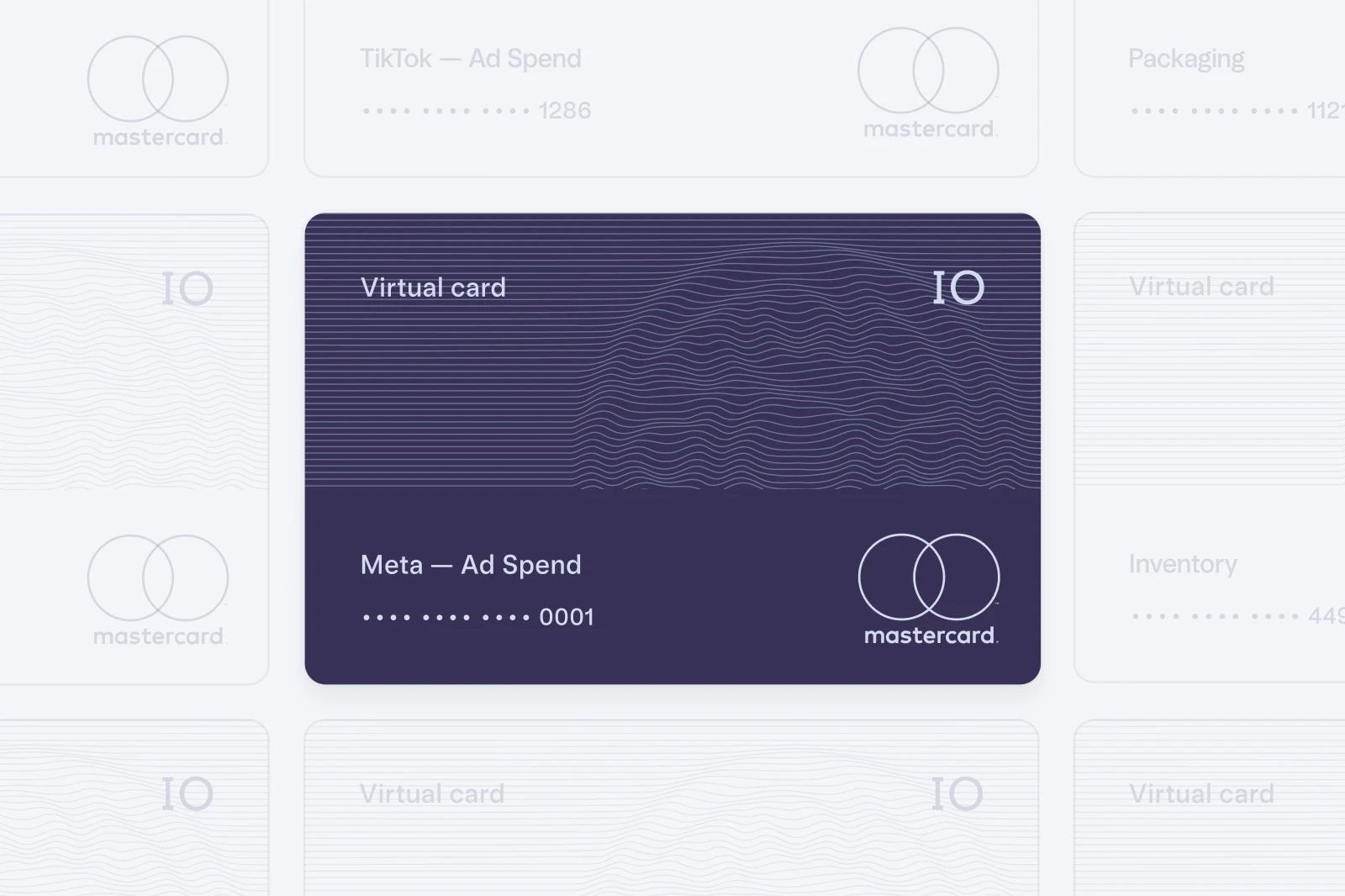 Virtual cards showing assorted card nicknames: ad spend, inventory, packaging, etc.