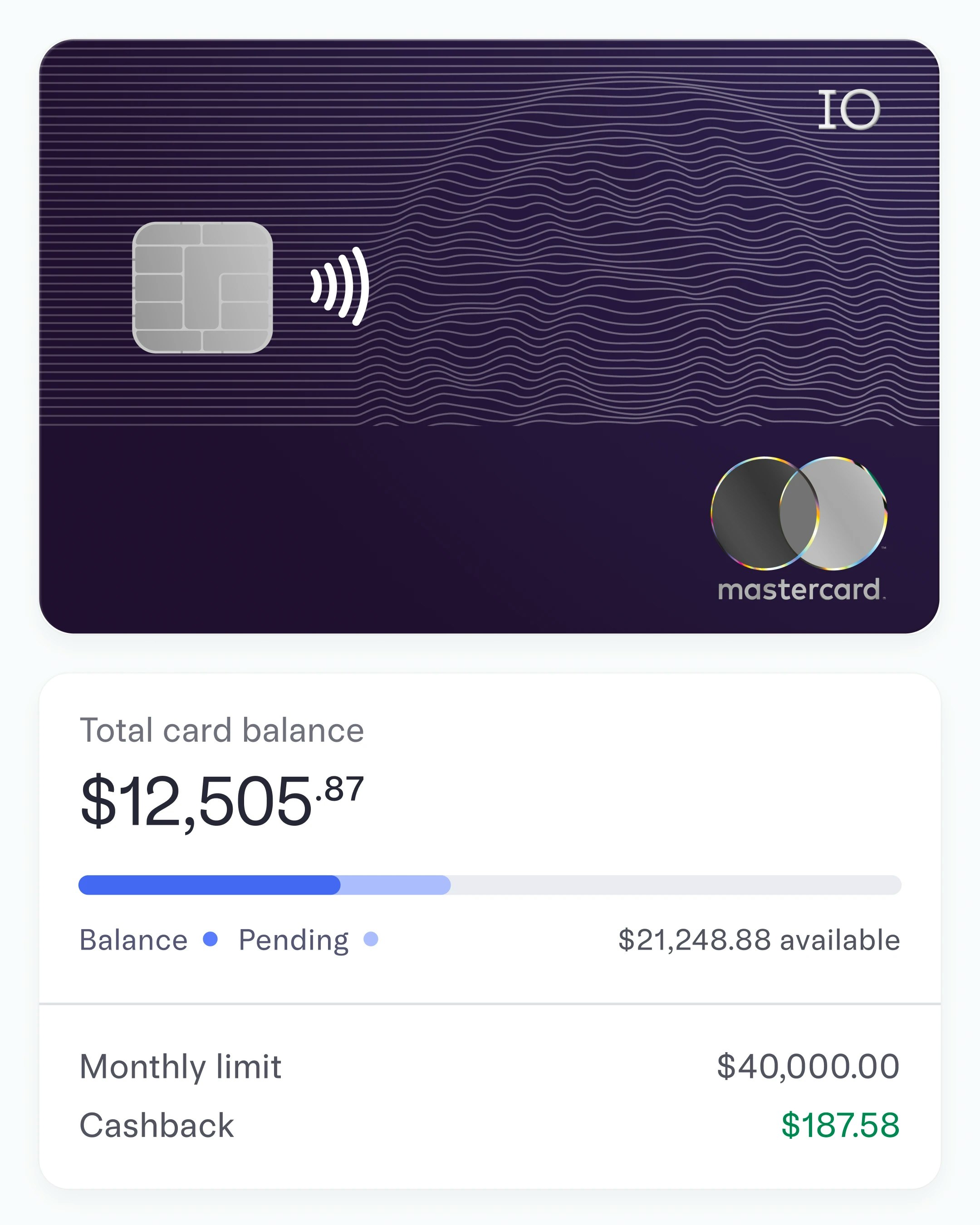 IO card with paired UI showing monthly limit and cashback