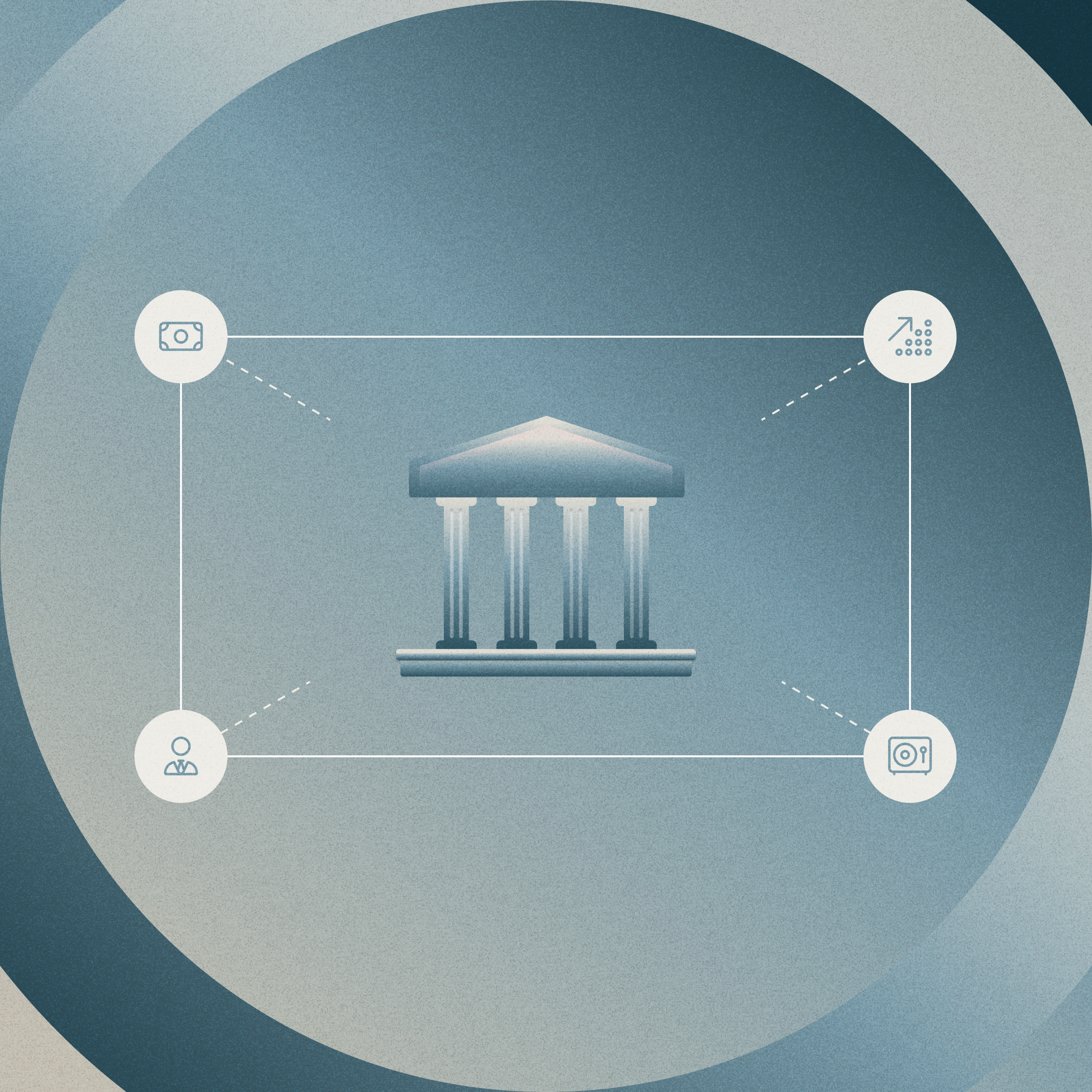 Graphic of bank with columns in center of four connecting icons