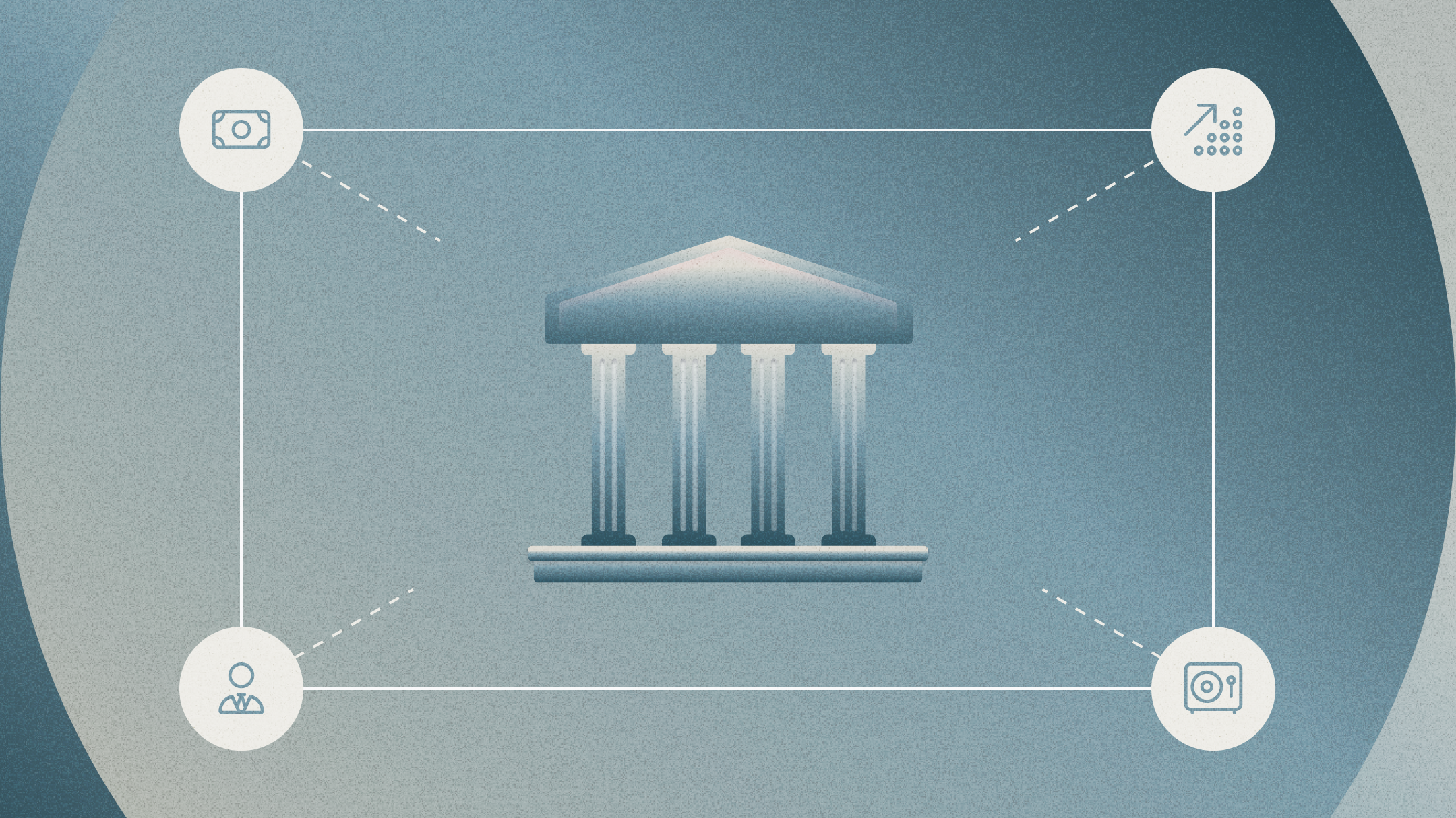 Graphic of bank with columns in center of four connecting icons