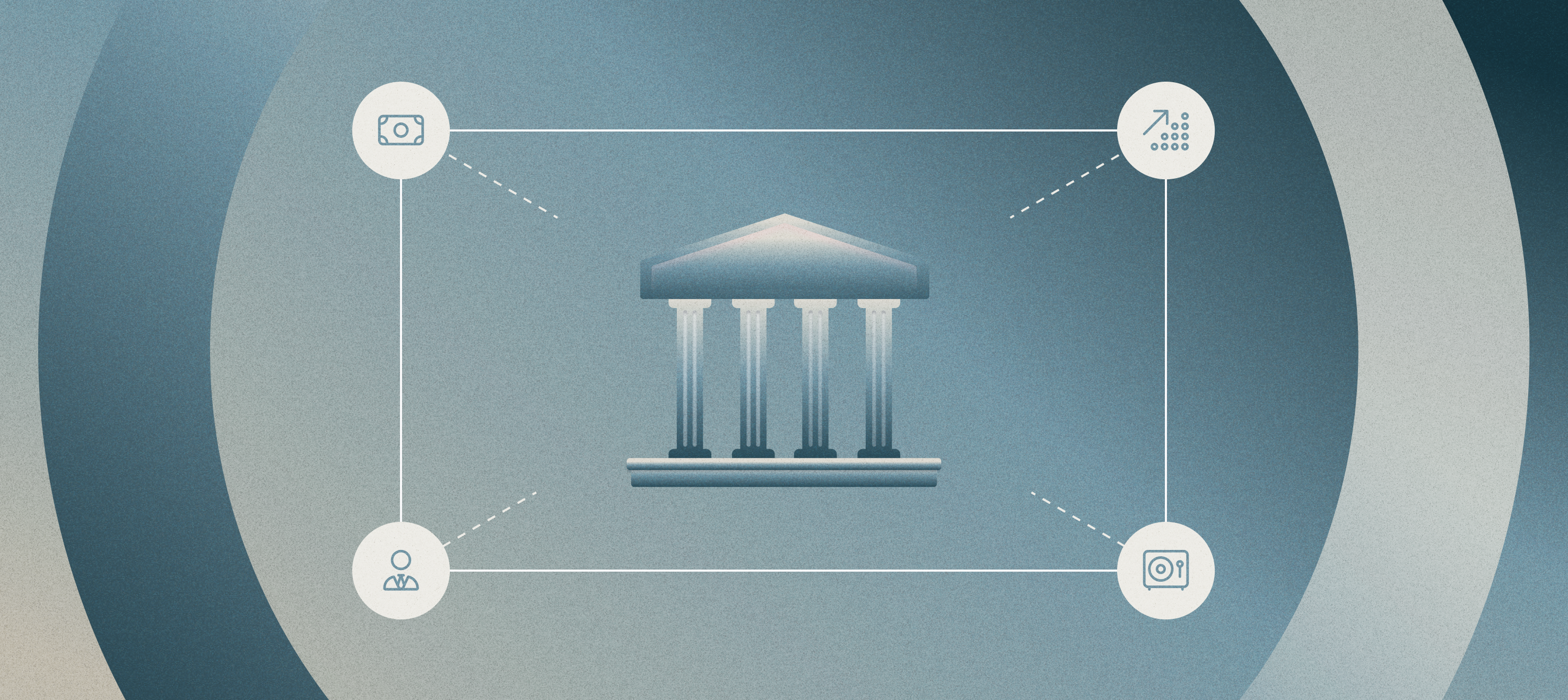 Graphic of bank with columns in center of four connecting icons