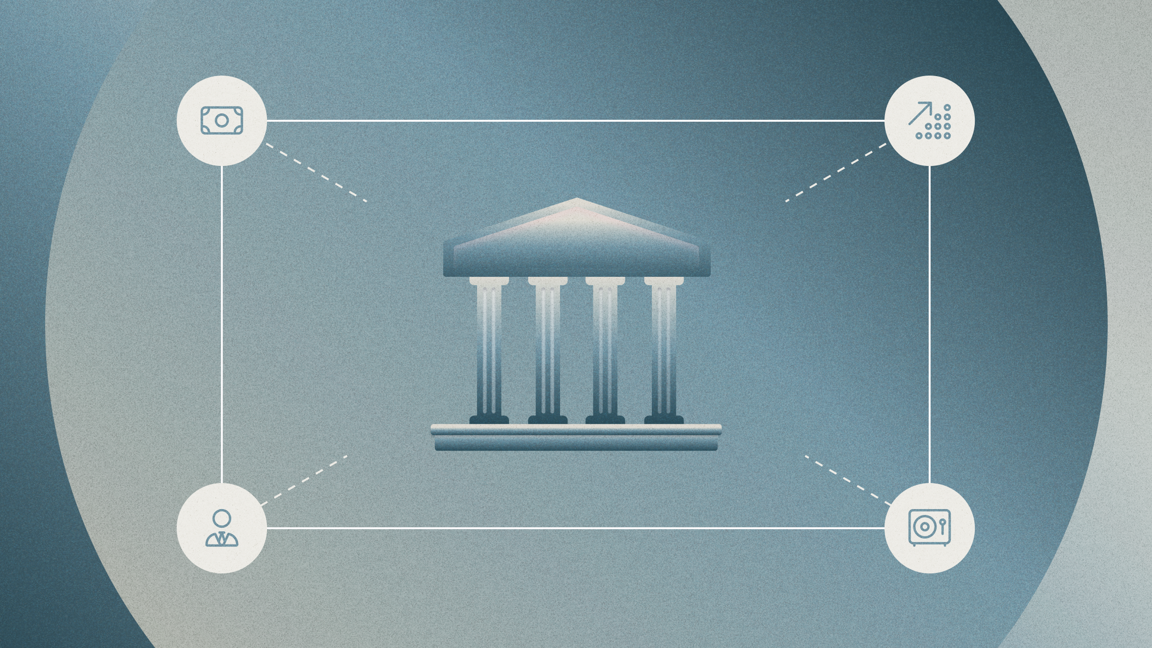 Graphic of bank with columns in center of four connecting icons