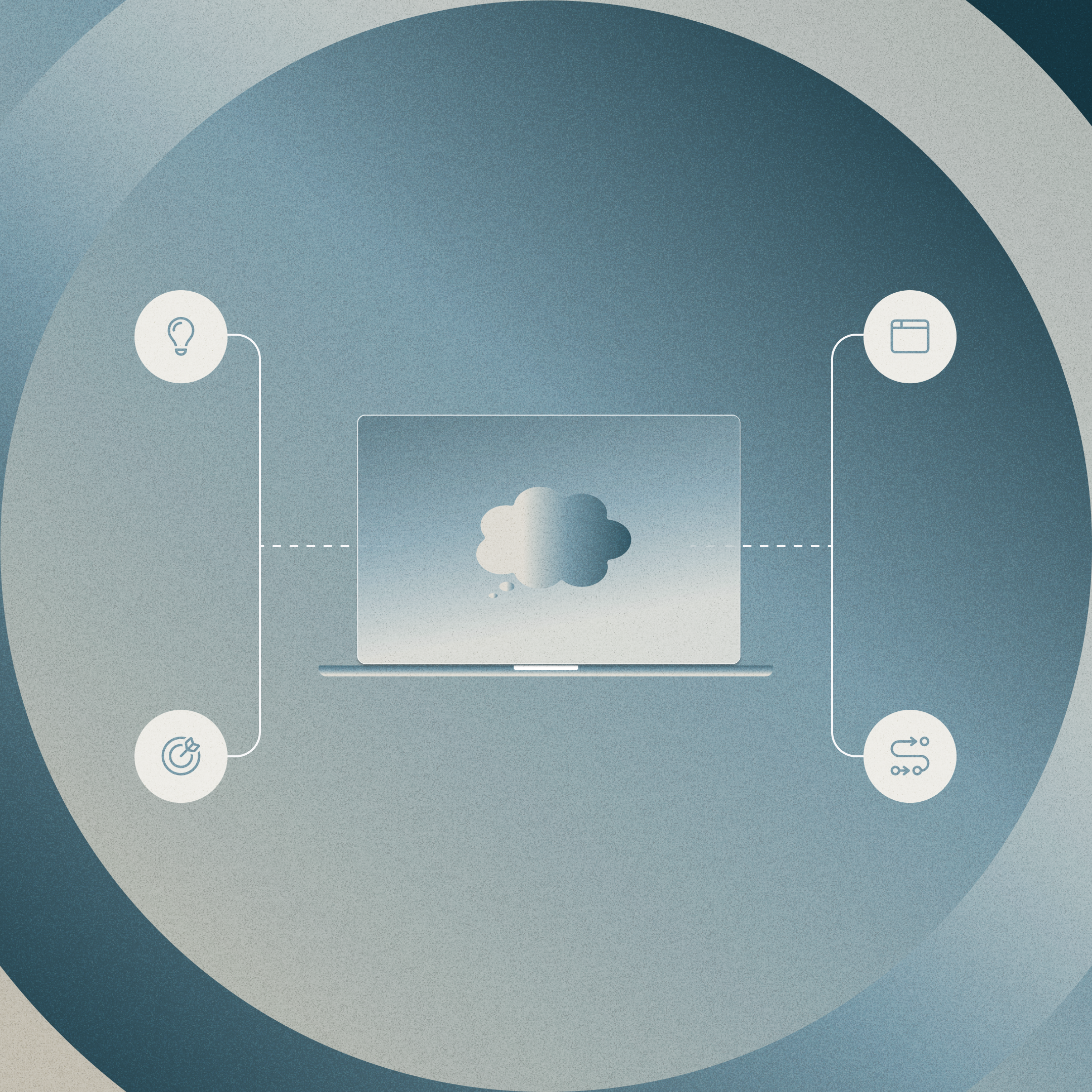 Laptop in center of four icons