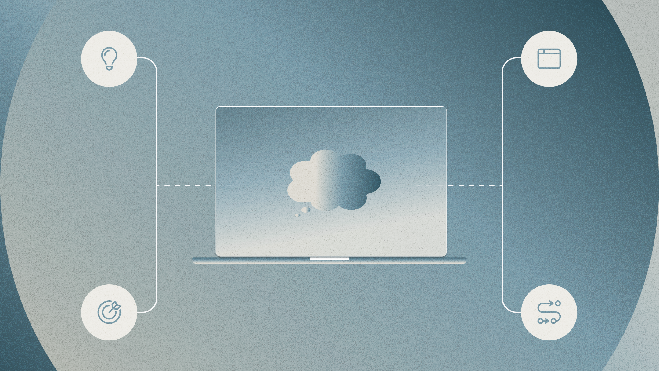 Laptop in center of four icons