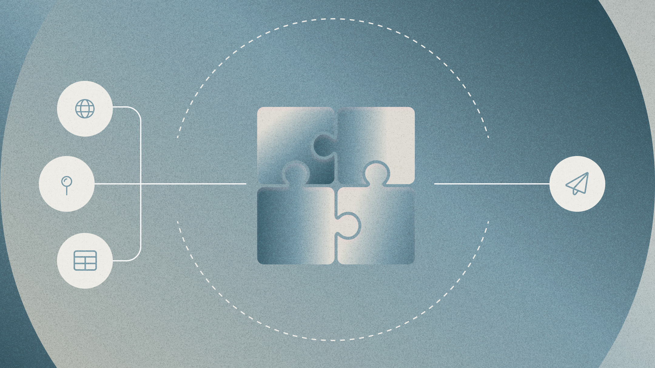 Puzzle piece with three icons to left and one icon to right