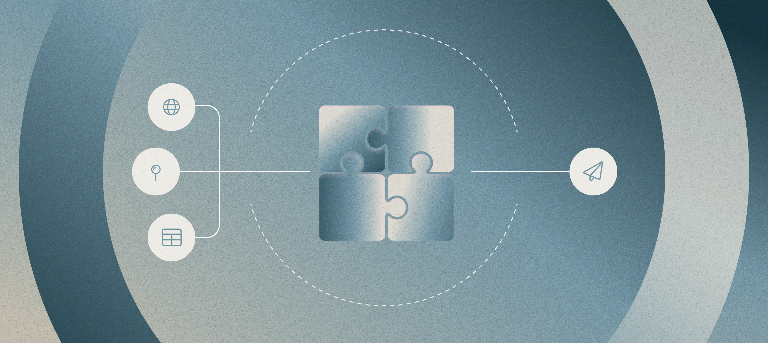 Puzzle piece with three icons to left and one icon to right