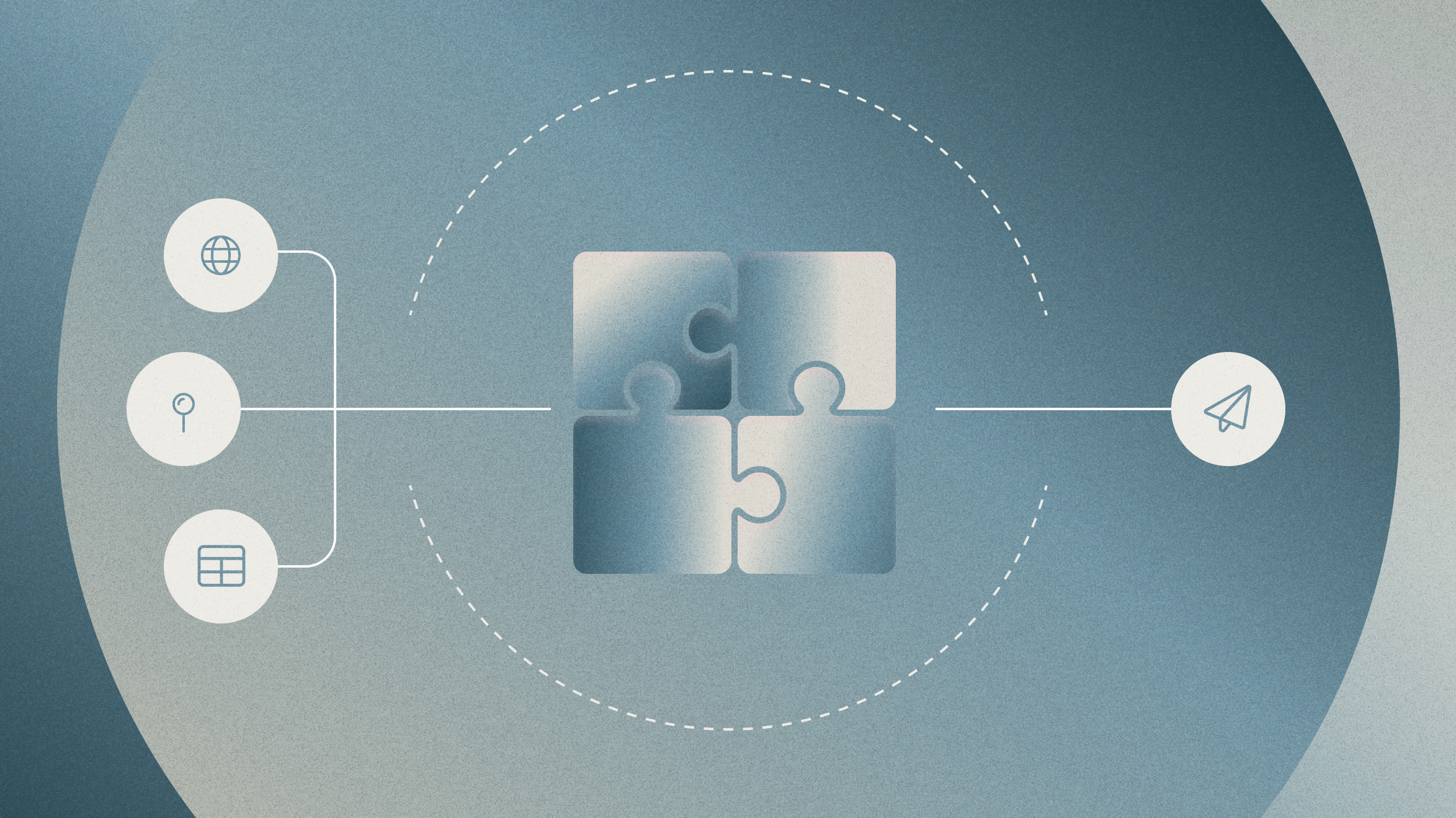 Puzzle piece with three icons to left and one icon to right
