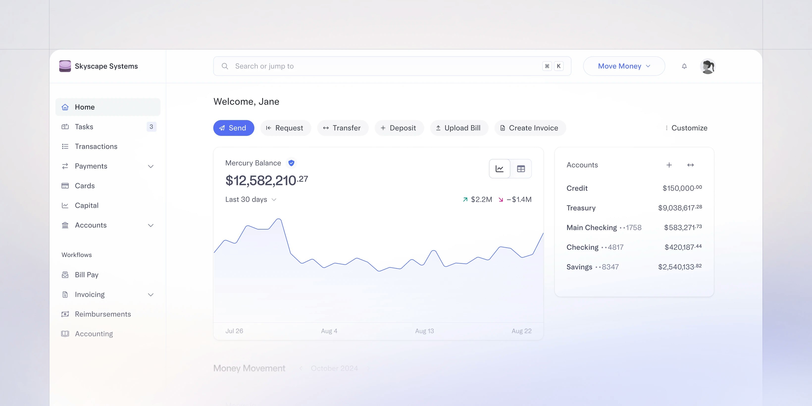 Product illustration of Mercury dashboard homepage.