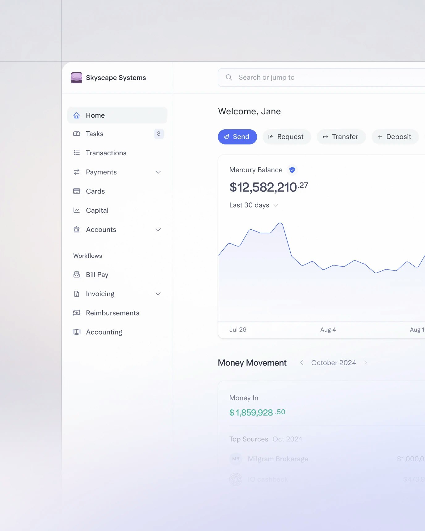 Product illustration of Mercury dashboard homepage.