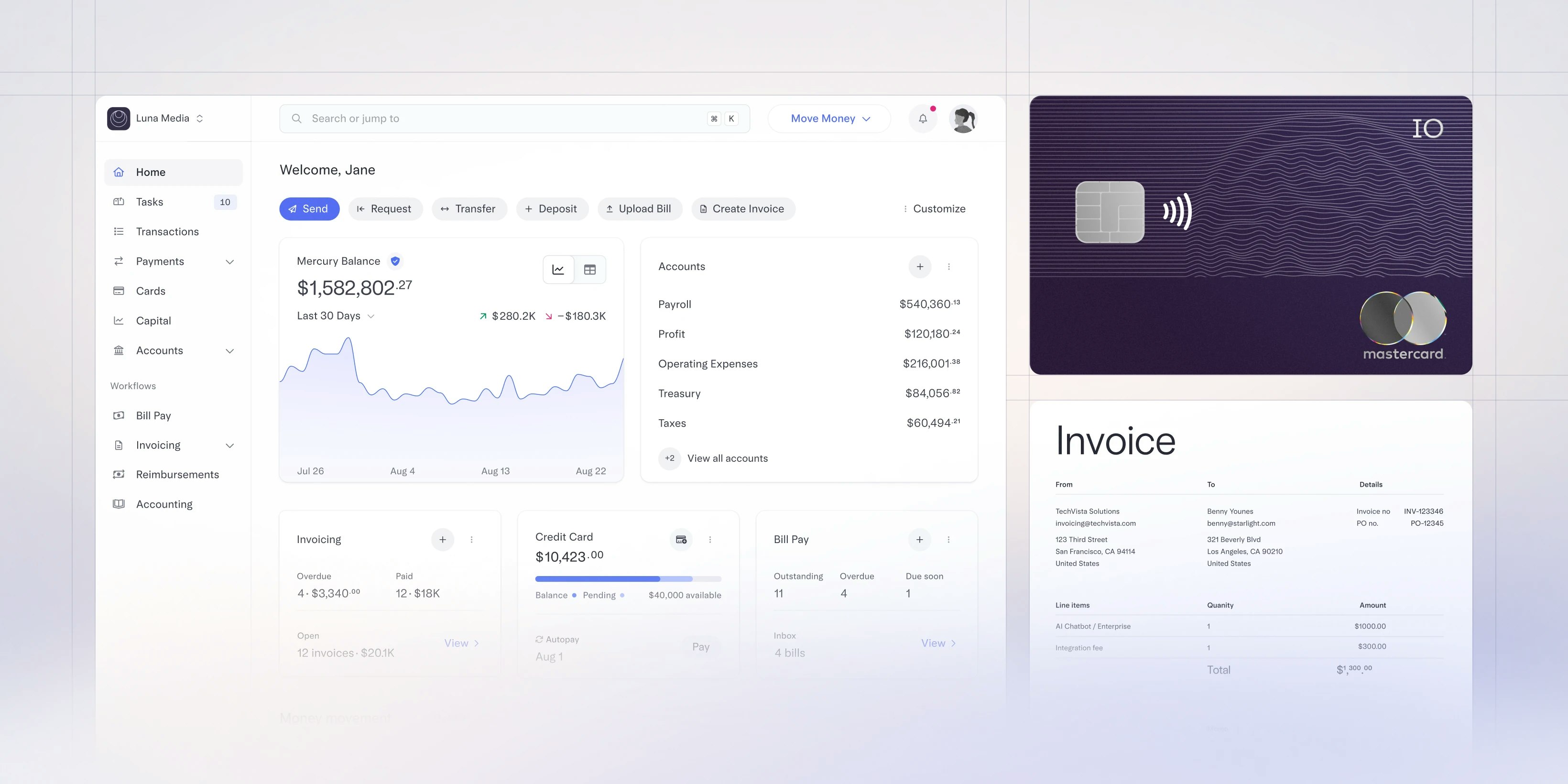 Image of the dashboard, invoicing, and IO credit card