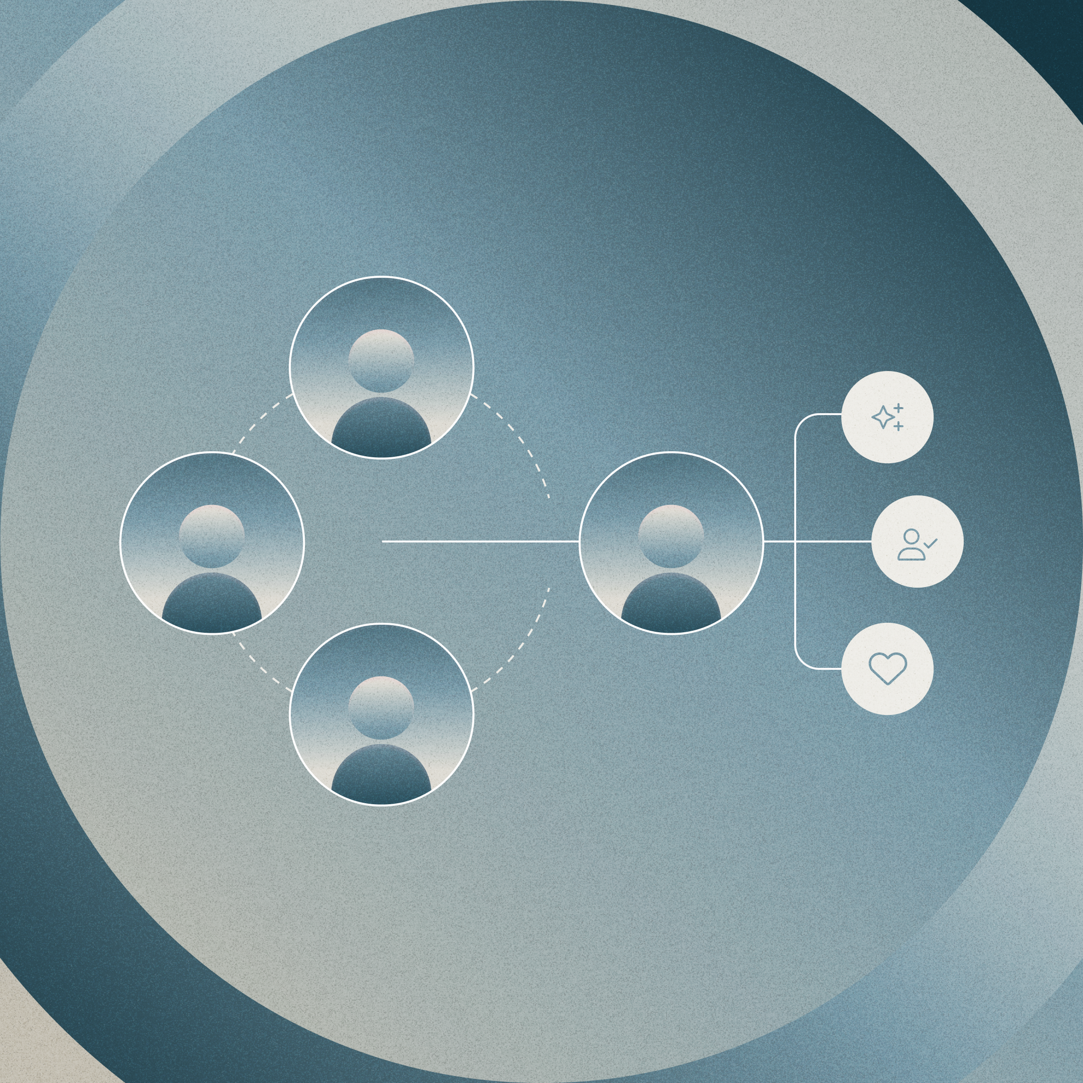 Icons of people branching into heart, star, and check icons
