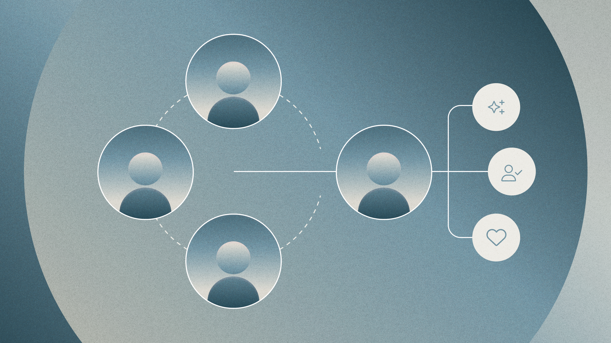 Icons of people branching into heart, star, and check icons