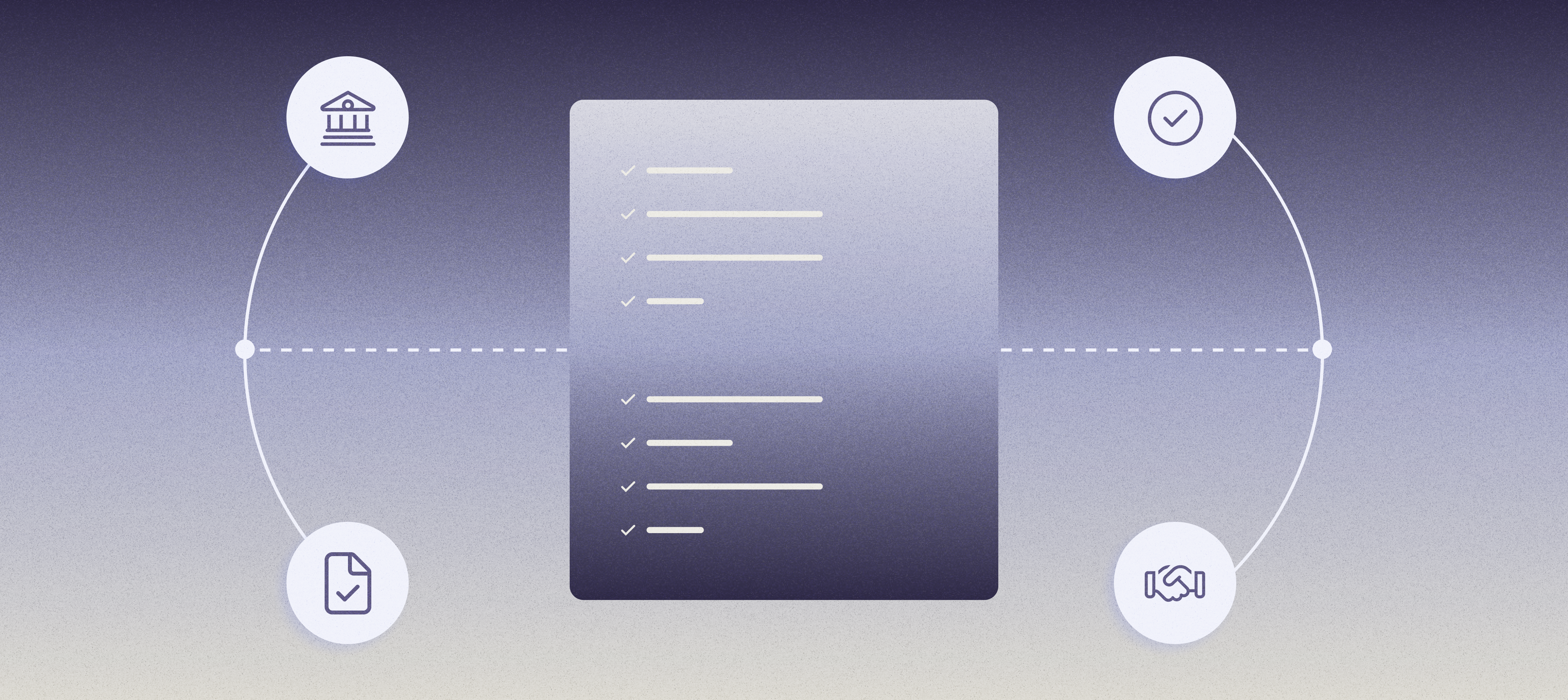 Checklist in middle of four icons (bank, checkmark, document, handshake)