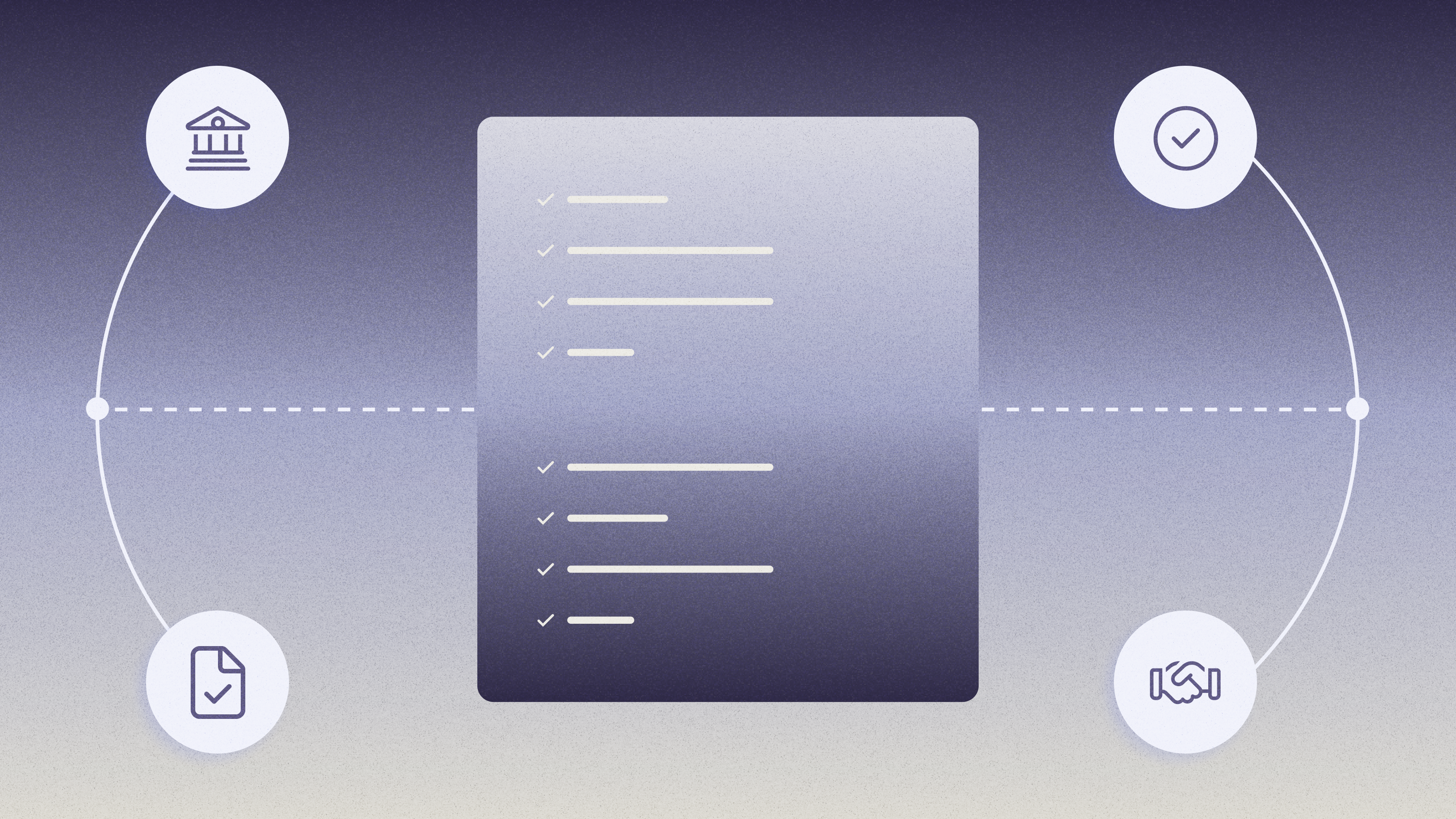 Checklist in middle of four icons (bank, checkmark, document, handshake)