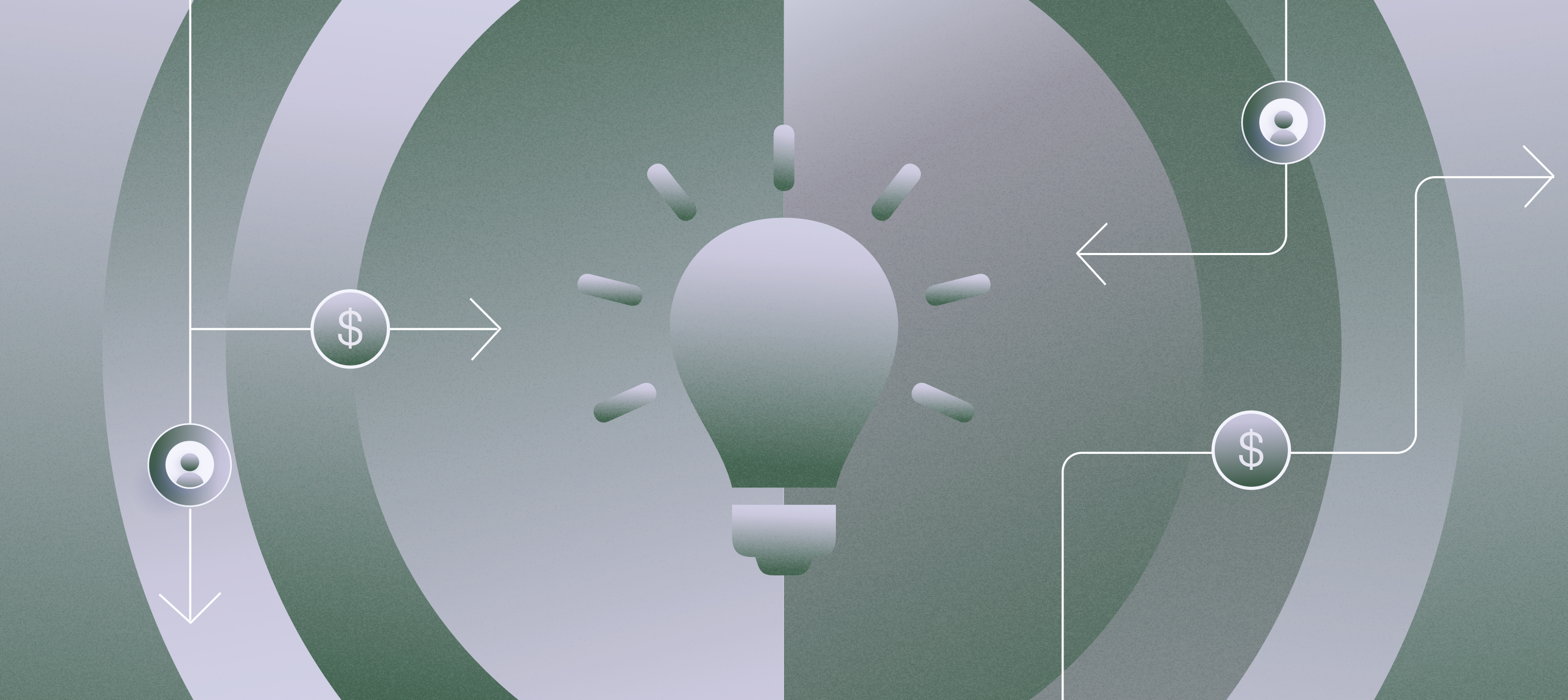 Flashing light bulb surrounded by people and dollar sign icons