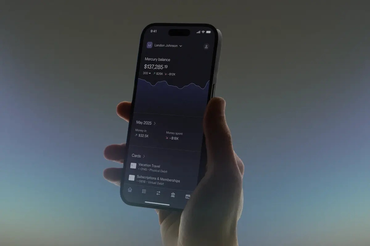 Mercury mobile app showing the personal banking dashboard