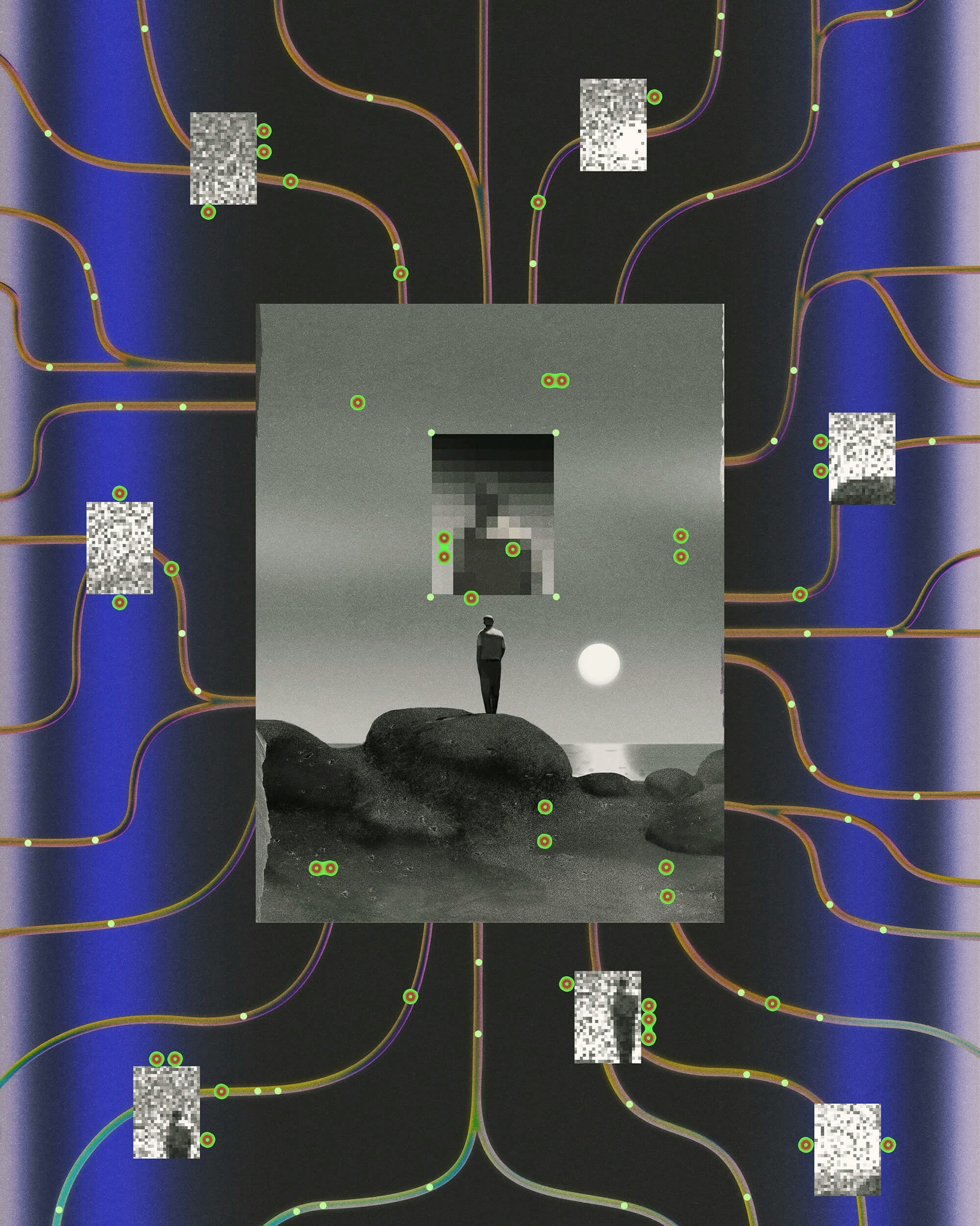 Illustration of chips and pathways leading to a photo