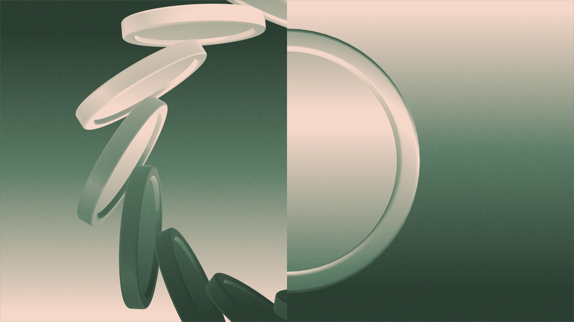 Split screen of flowing series of coins with one half coin