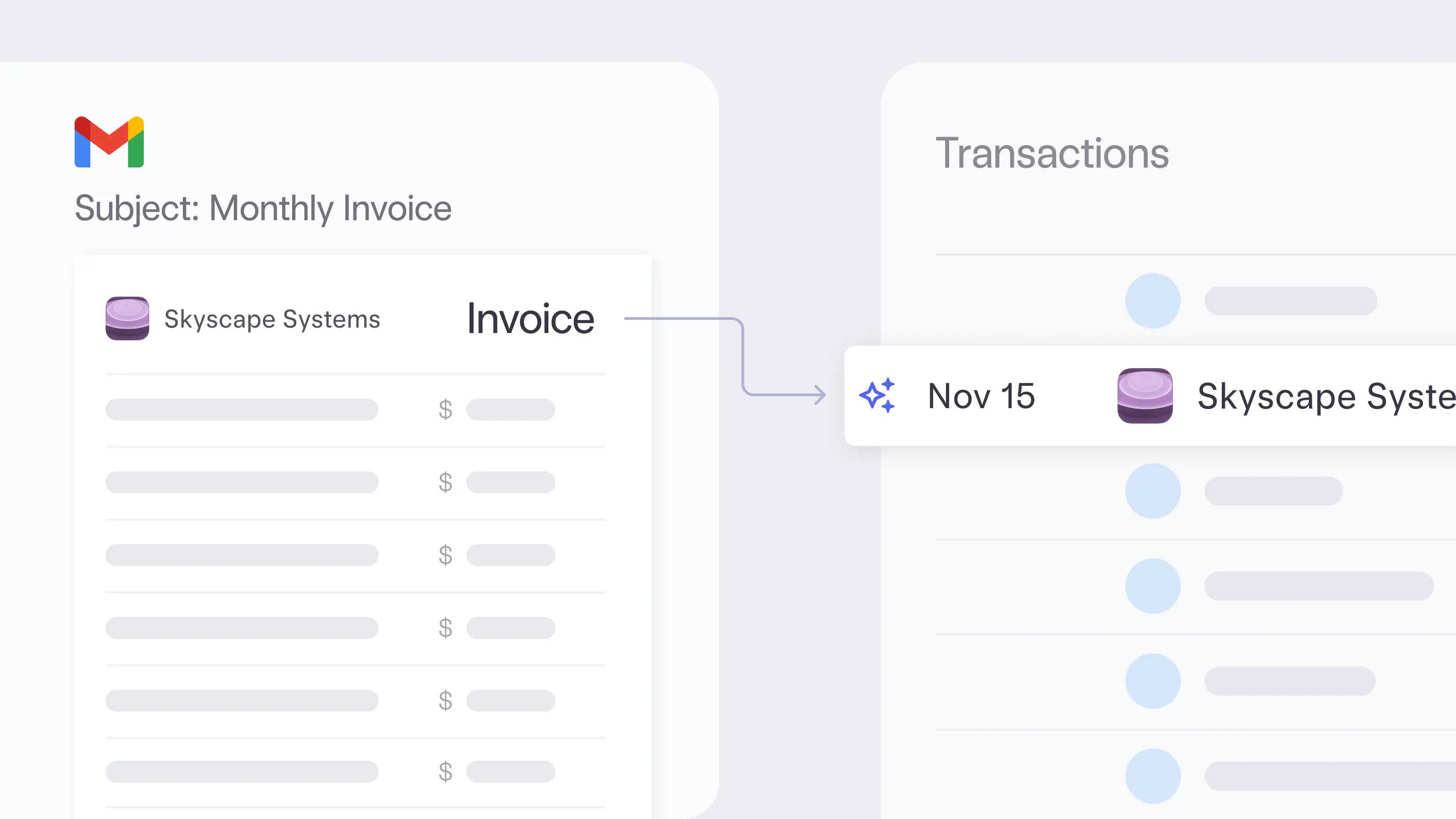 Part of the Mercury dashboard showing four receipts being uploaded and automatically matched to their corresponding transactions.