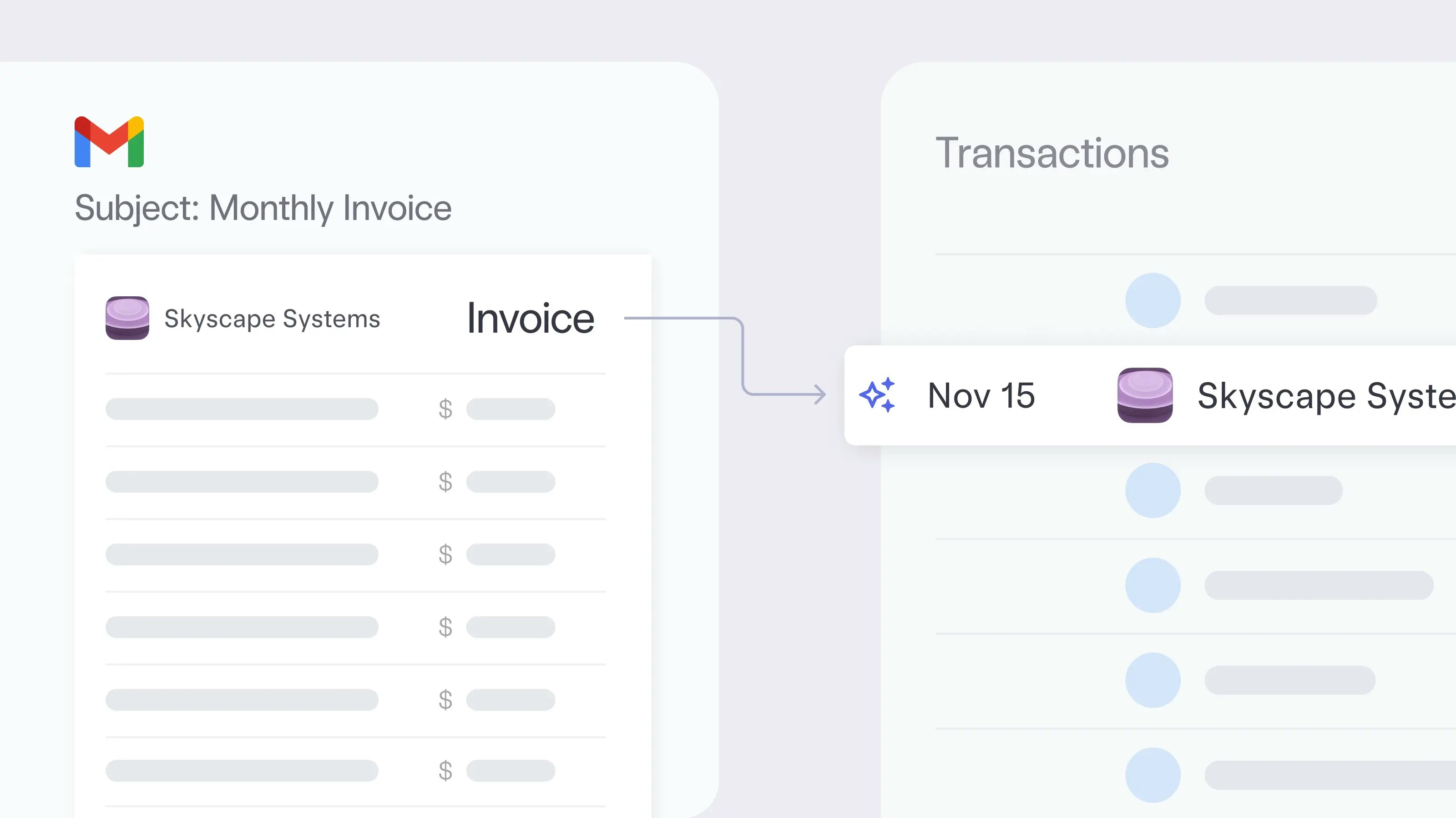 Part of the Mercury dashboard showing four receipts being uploaded and automatically matched to their corresponding transactions.