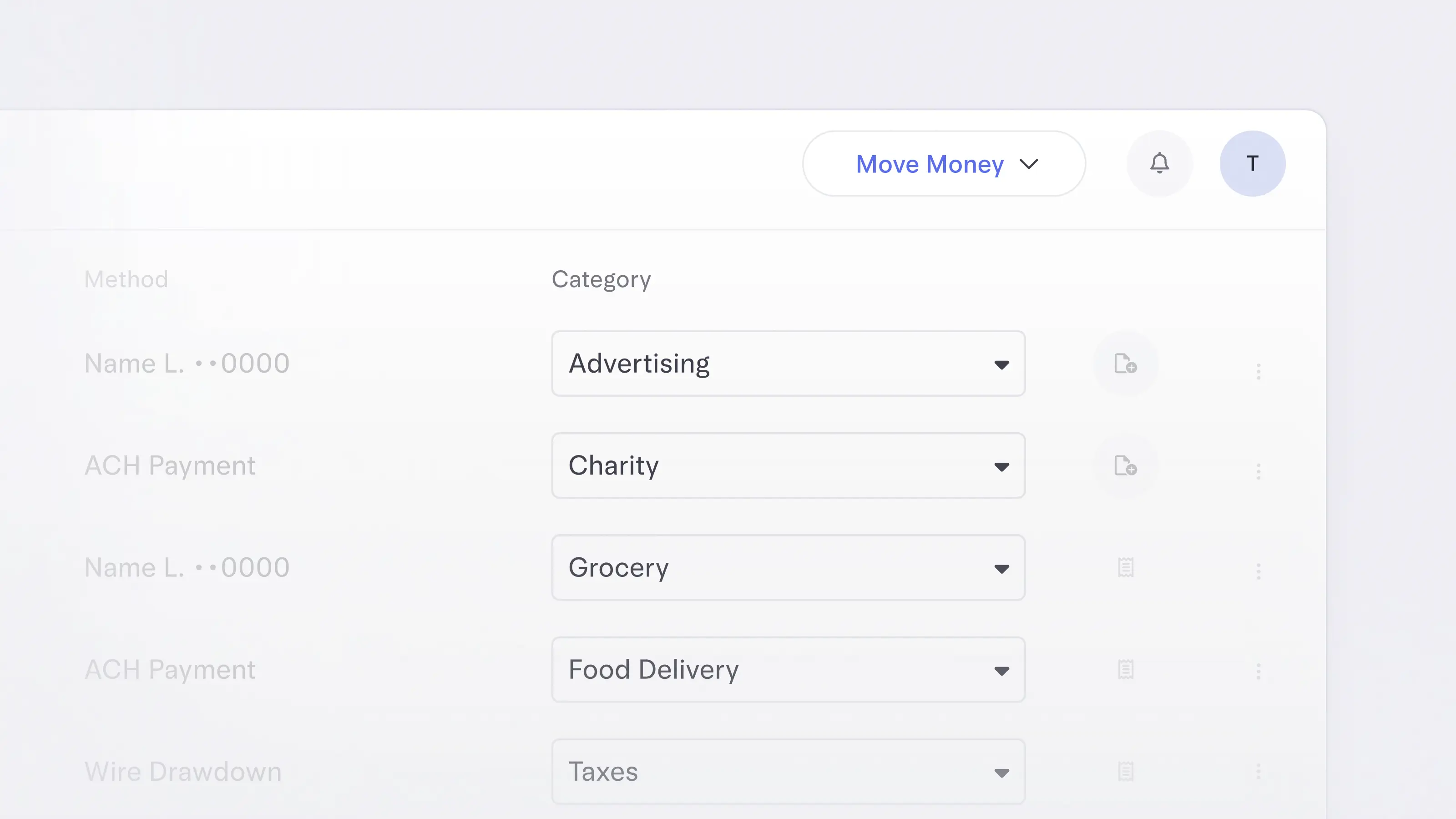 The Mercury Transactions page, showing various incoming and outgoing expenses with five of the transactions selected to edit.