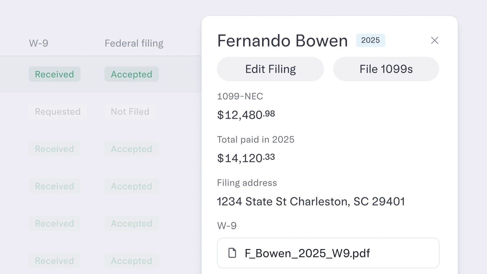 1099 filing screen in Mercury showing forms and their status, along with a close-up view of one 1099 form and its total payout.