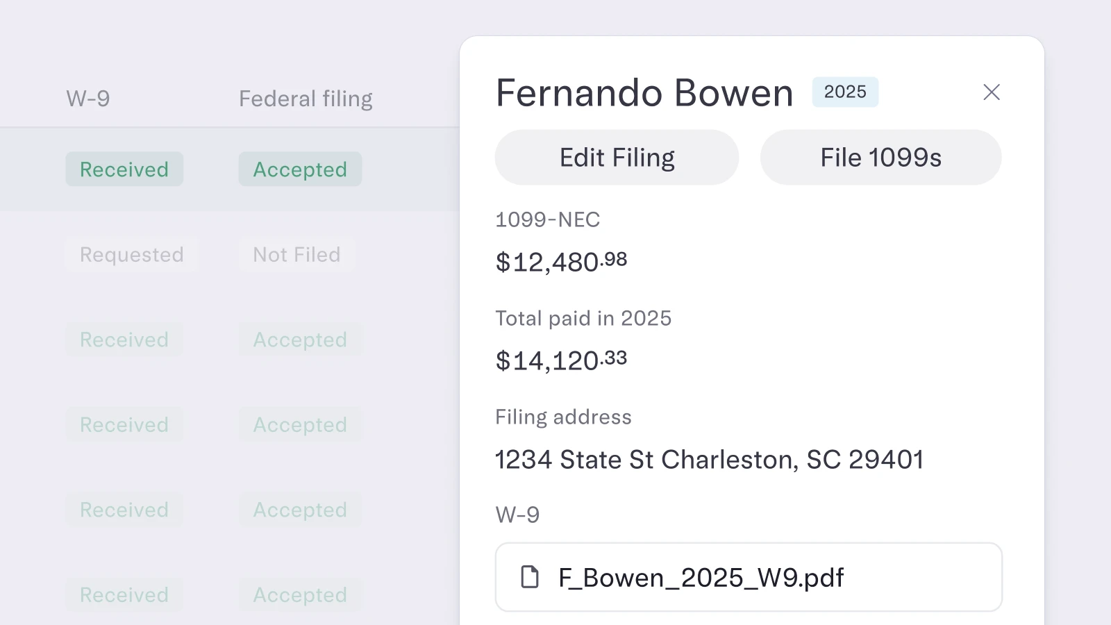 1099 filing screen in Mercury showing forms and their status, along with a close-up view of one 1099 form and its total payout.