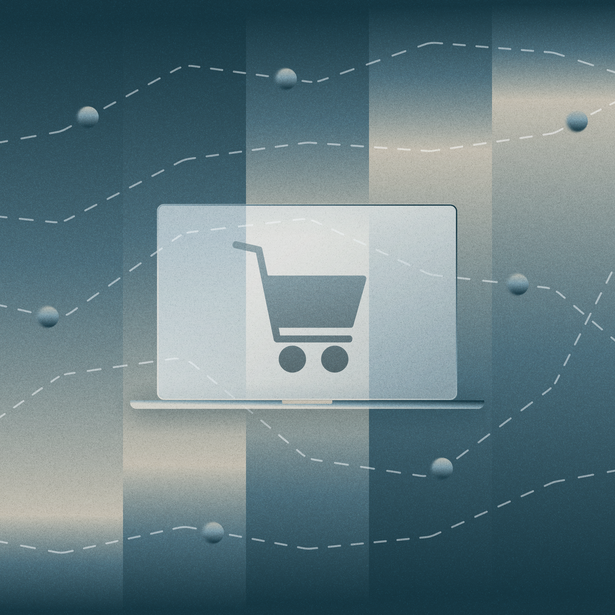 Shopping cart icon on laptop, set against line and bar chart backdrop