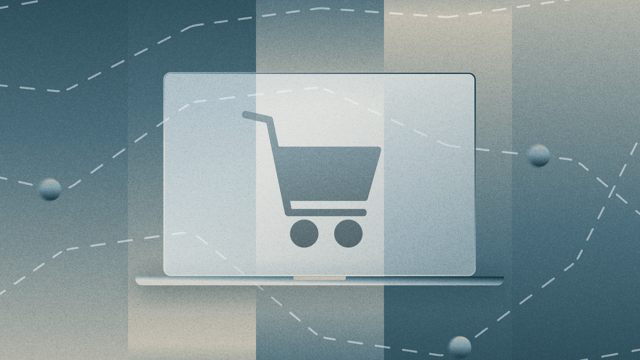 Shopping cart icon on laptop, set against line and bar chart backdrop