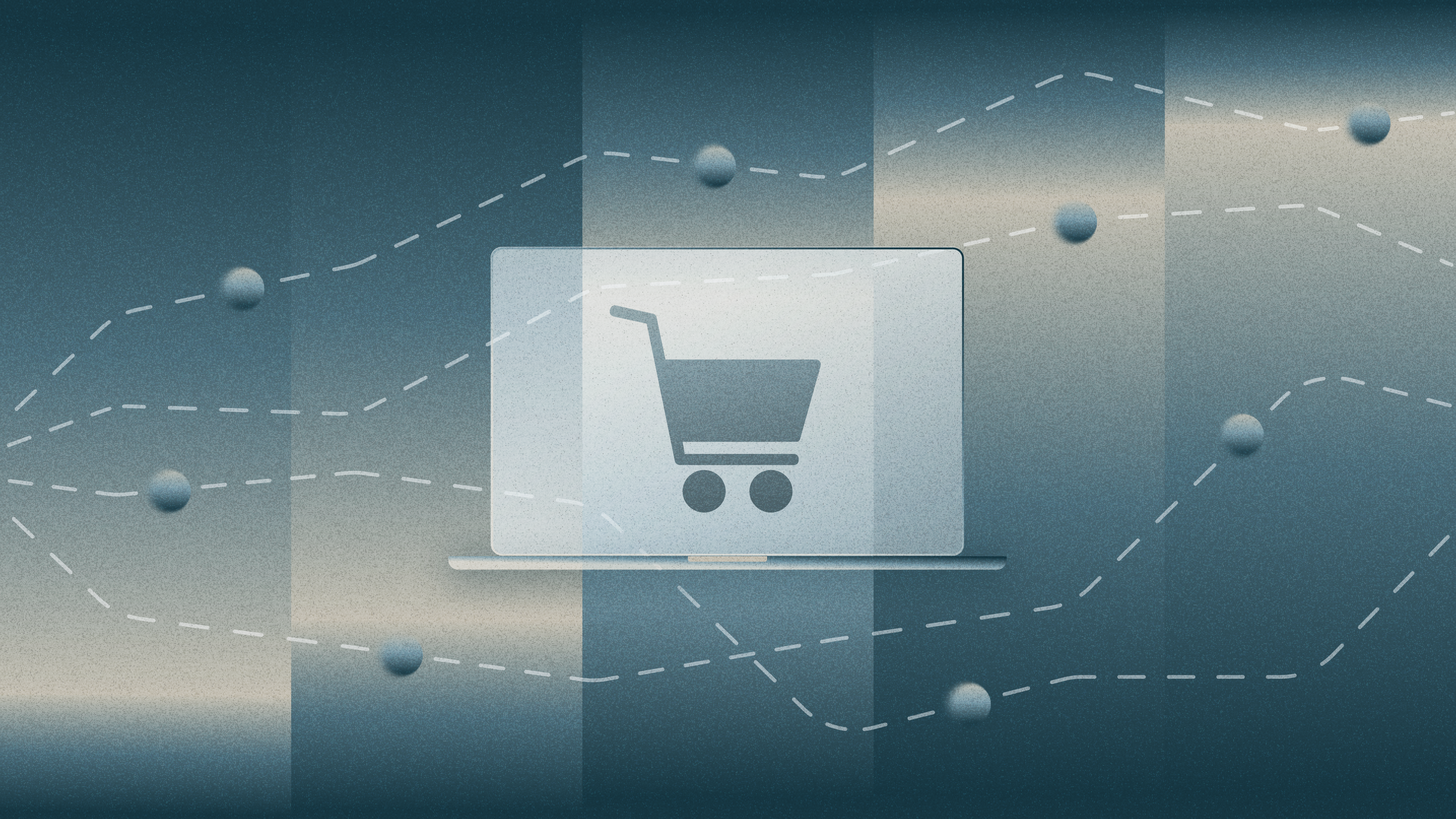 Shopping cart icon on laptop, set against line and bar chart backdrop