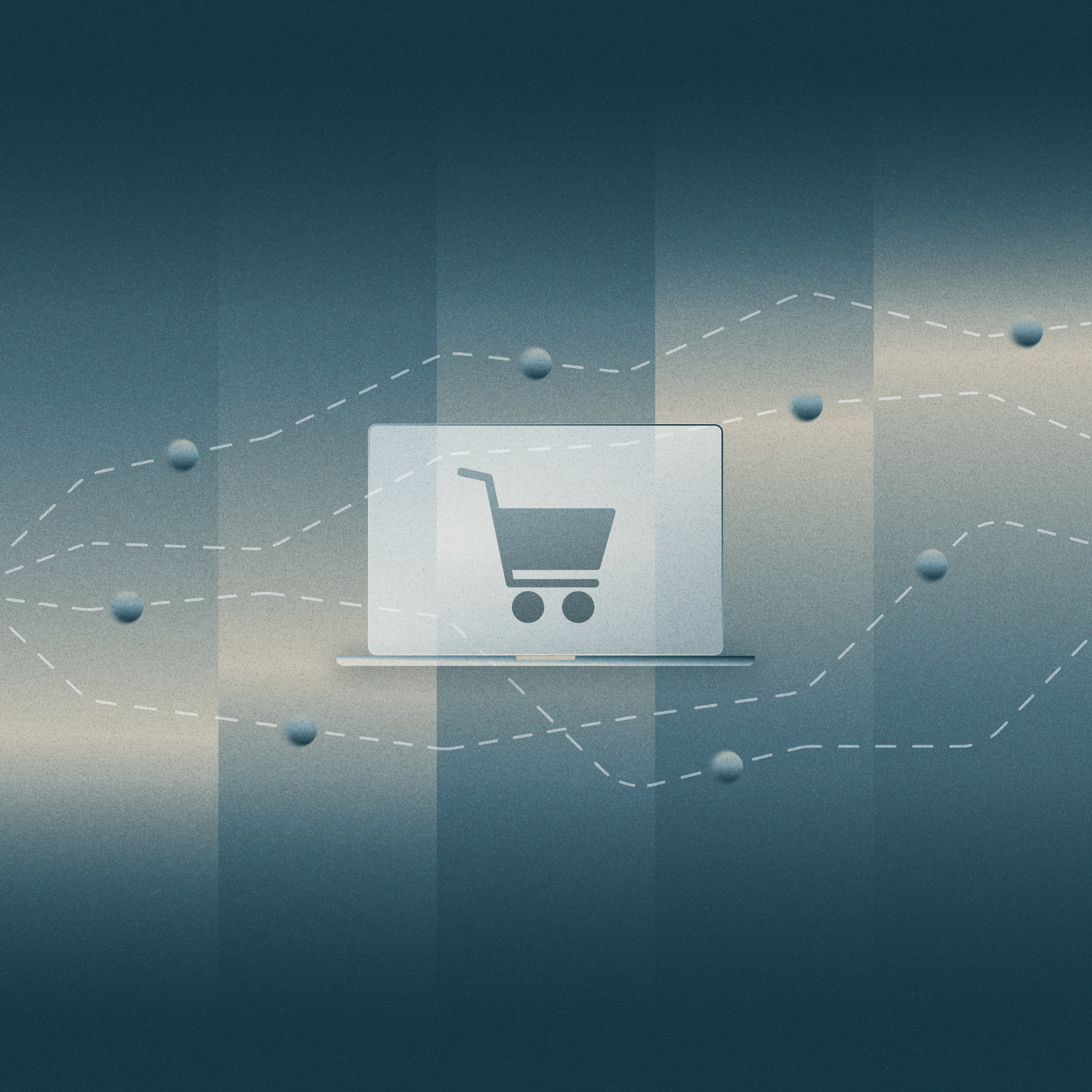 Shopping cart icon on laptop, set against line and bar chart backdrop