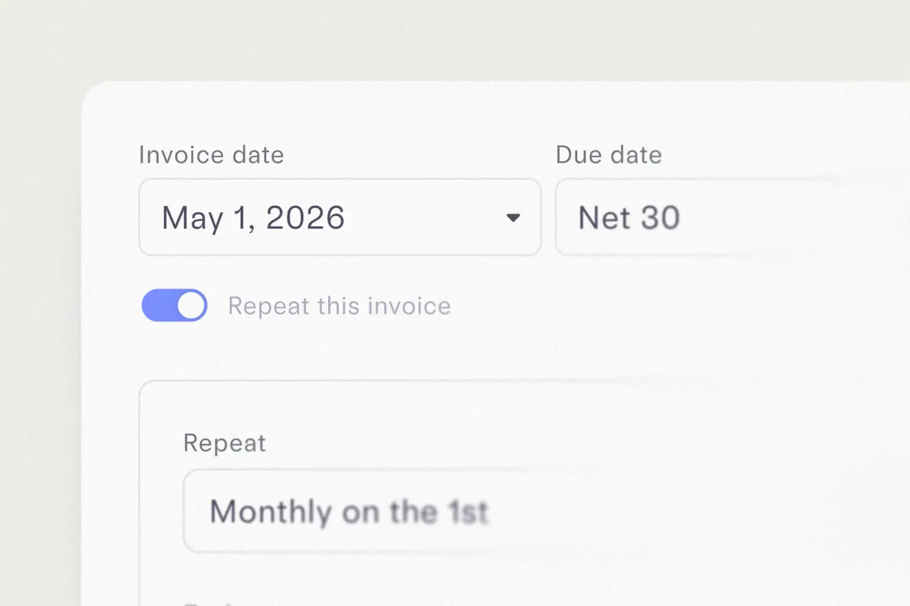 Illustration of the Invoicing flow with the date, payment terms, and repeat settings.