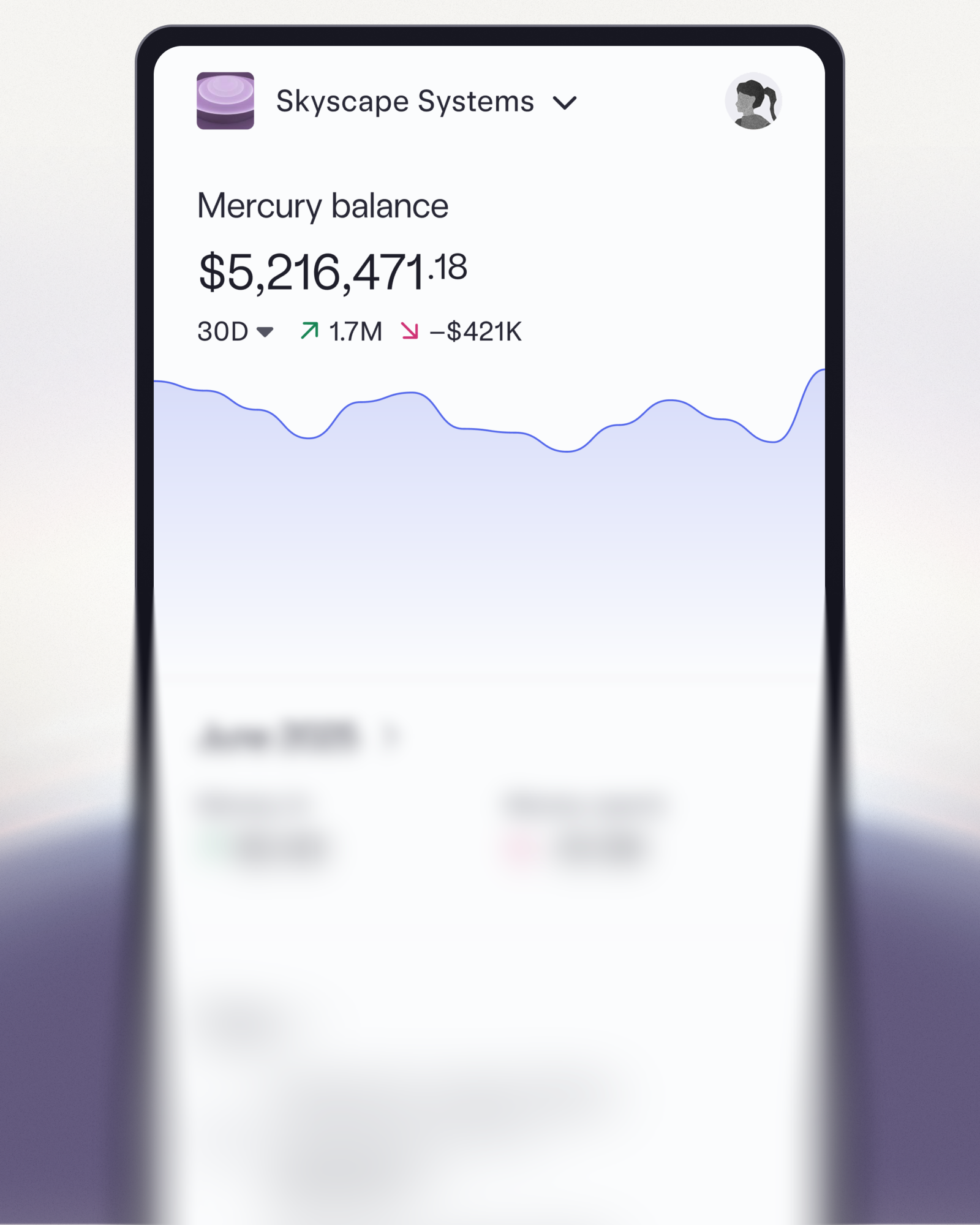 Stylized image of a smart phone displaying a user’s account balance in the Mercury dashboard.