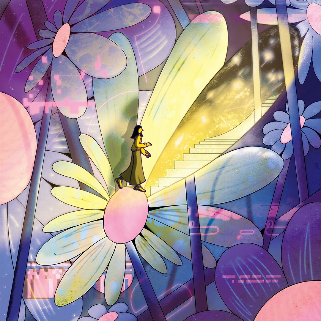 Illustration of person within an enlarged, glowing flower