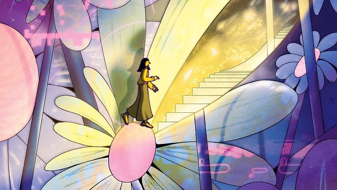 Illustration of person within an enlarged, glowing flower