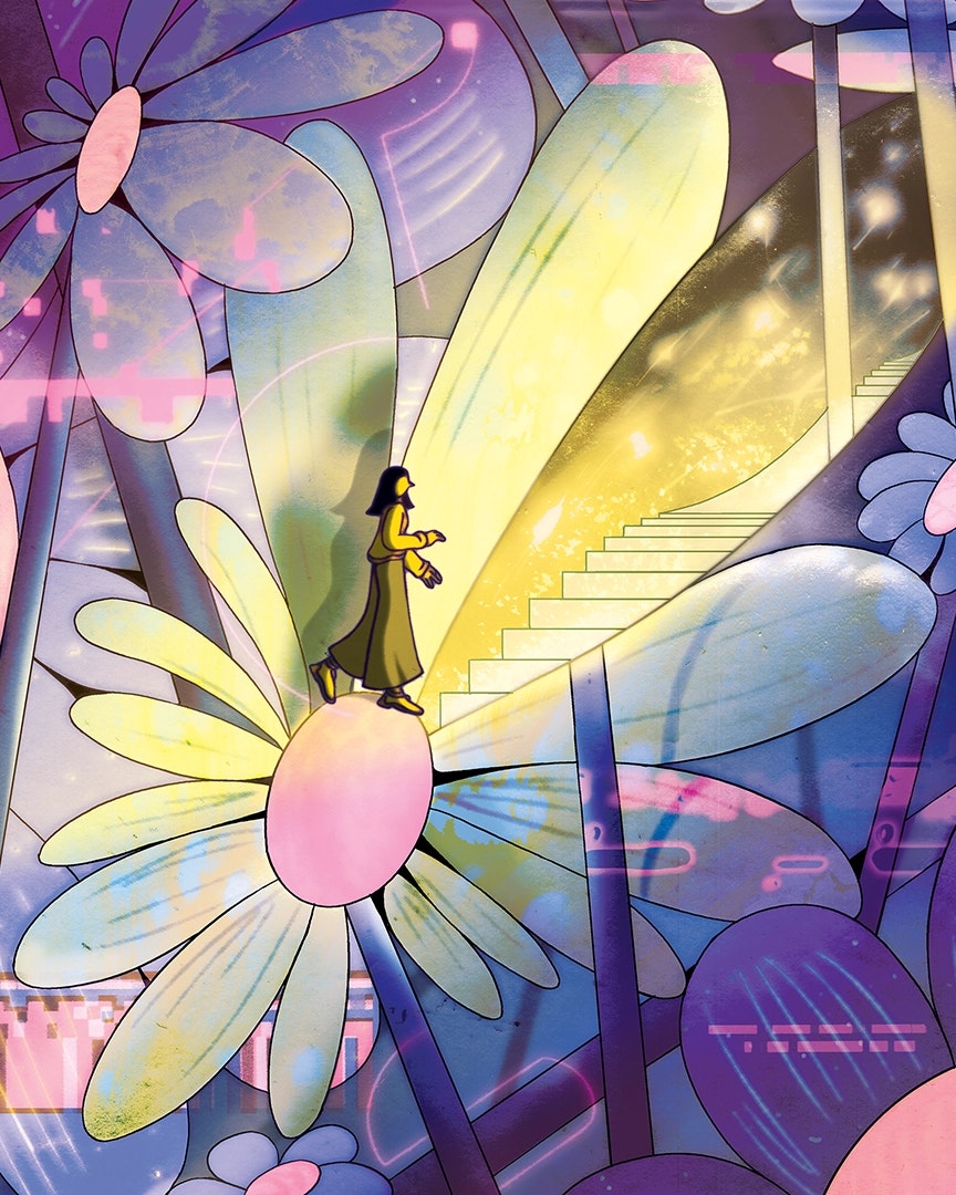 Illustration of person within an enlarged, glowing flower