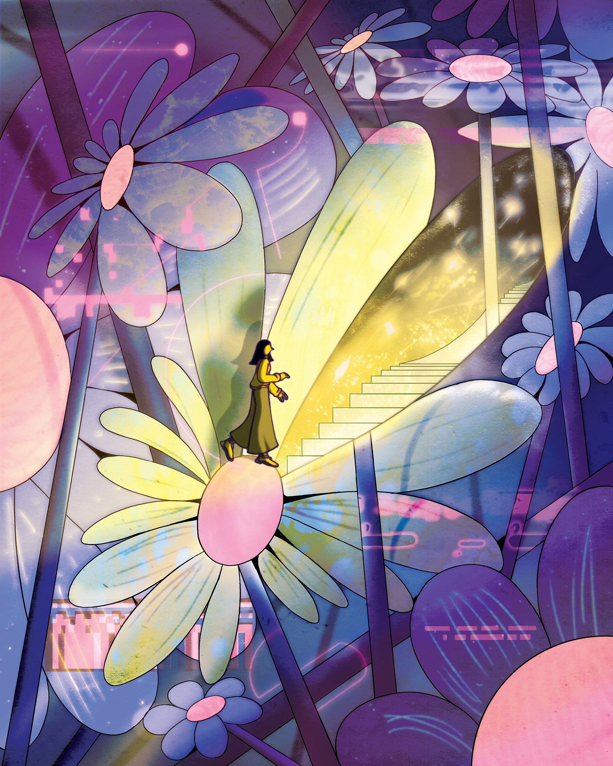 Illustration of person within an enlarged, glowing flower
