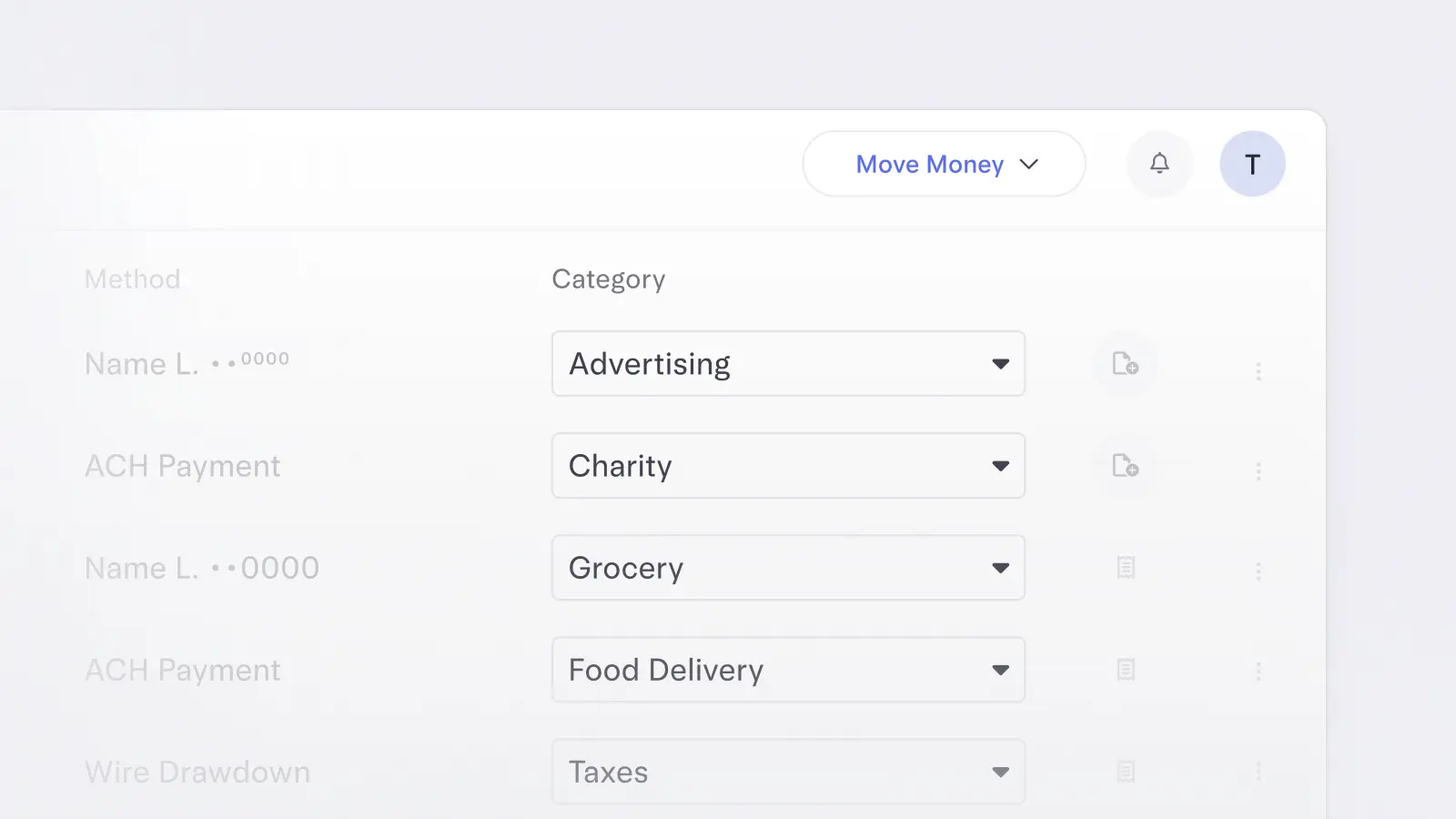 A close-up view of the Mercury Transactions page depicting expense categories such as Advertising, Charity, Food Delivery, and Taxes.